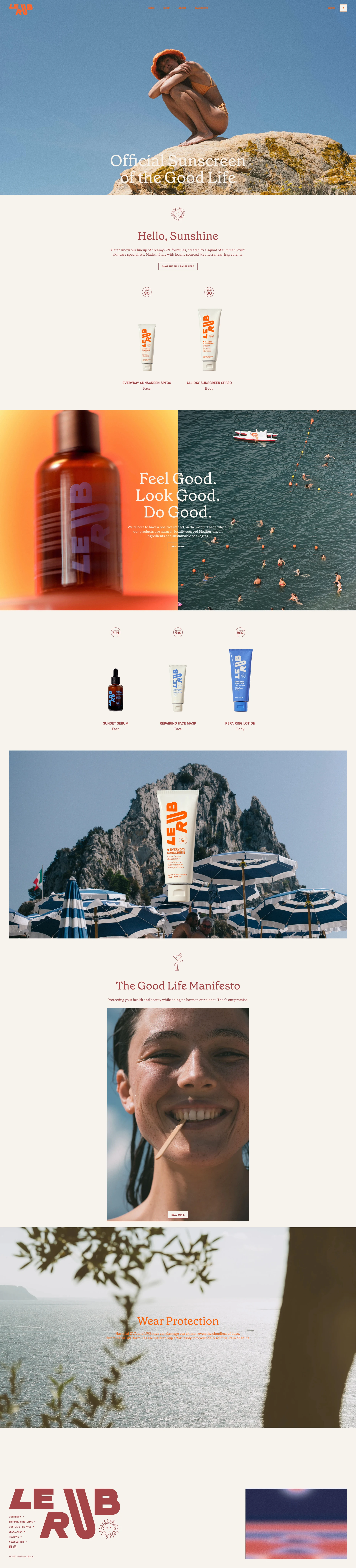 Le Rub Landing Page Example: Official Sunscreen of the Good Life. Luxury without limits. Weekday. Vacation day. Every day.