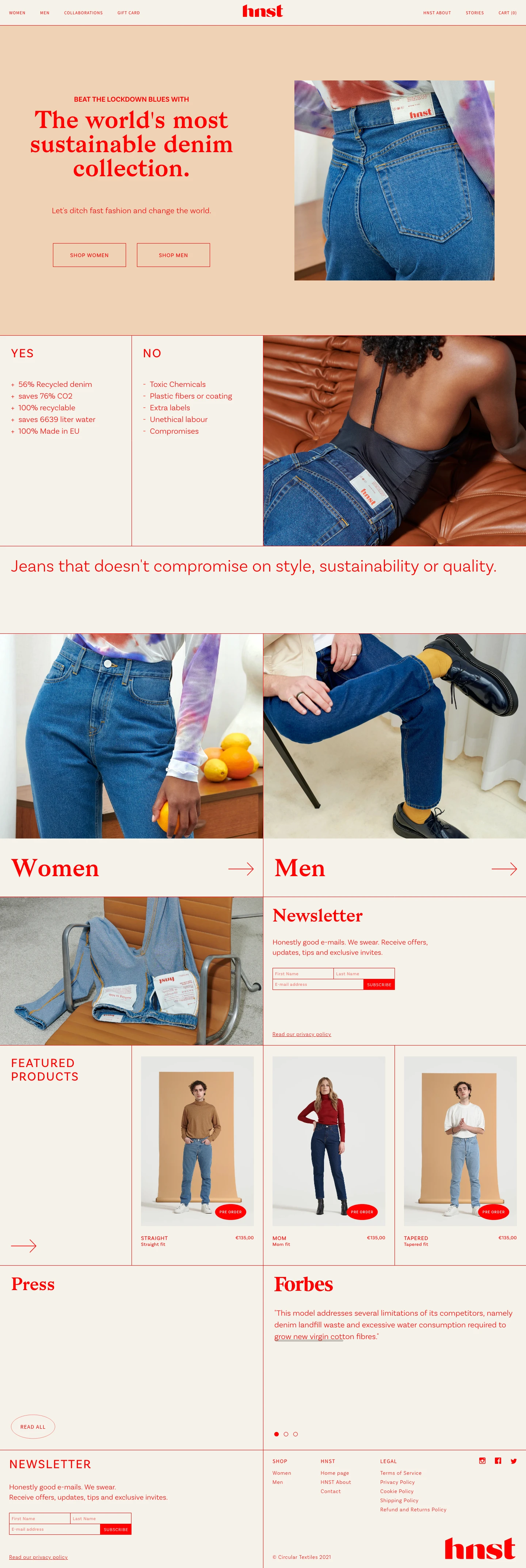 HNST Jeans Landing Page Example: Jeans that doesn't compromise on style, sustainability and quality.