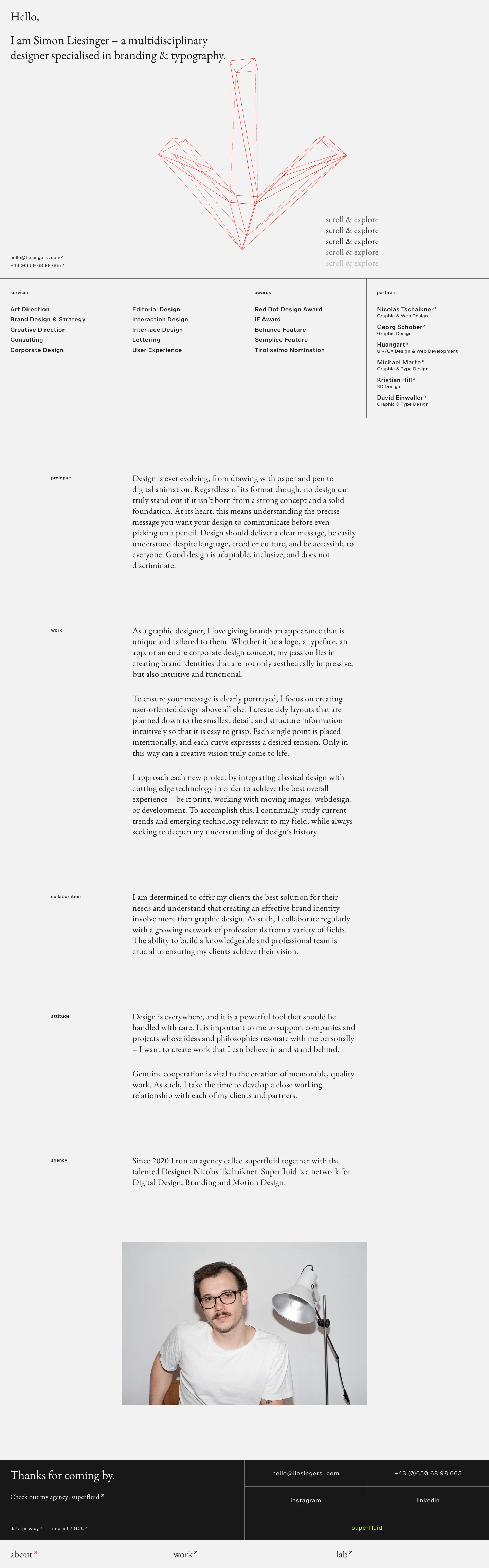 Simon Liesinger Landing Page Example: I am Simon Liesinger – a multidisciplinary designer specialised in branding & typography.