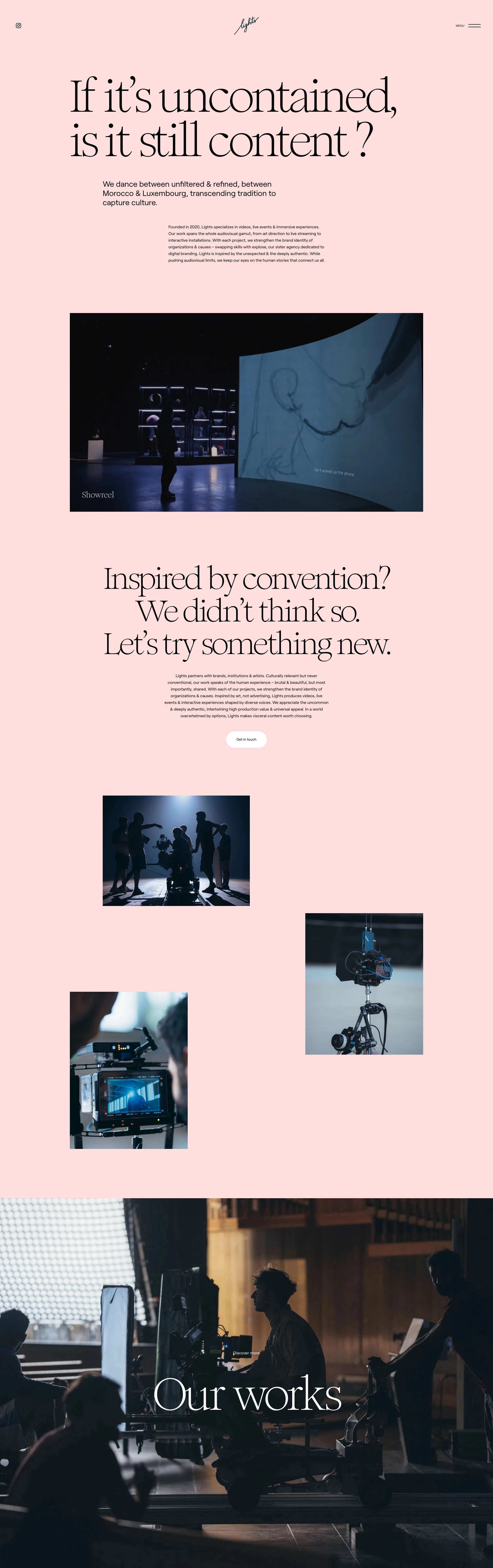 Lights Landing Page Example: Inspired by art, not advertising, Lights produces videos, live events & interactive experiences shaped by diverse voices.