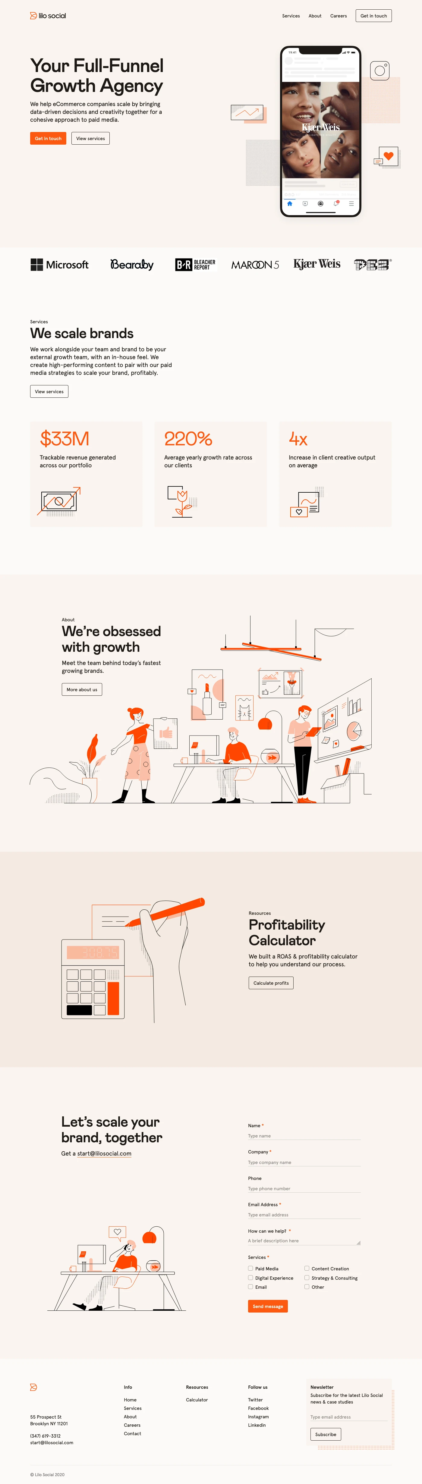 Lilo Social Landing Page Example: We scale brands. We work alongside your team and brand to be your external growth team, with an in-house feel. We create high-performing content to pair with our paid media strategies to scale your brand, profitably.