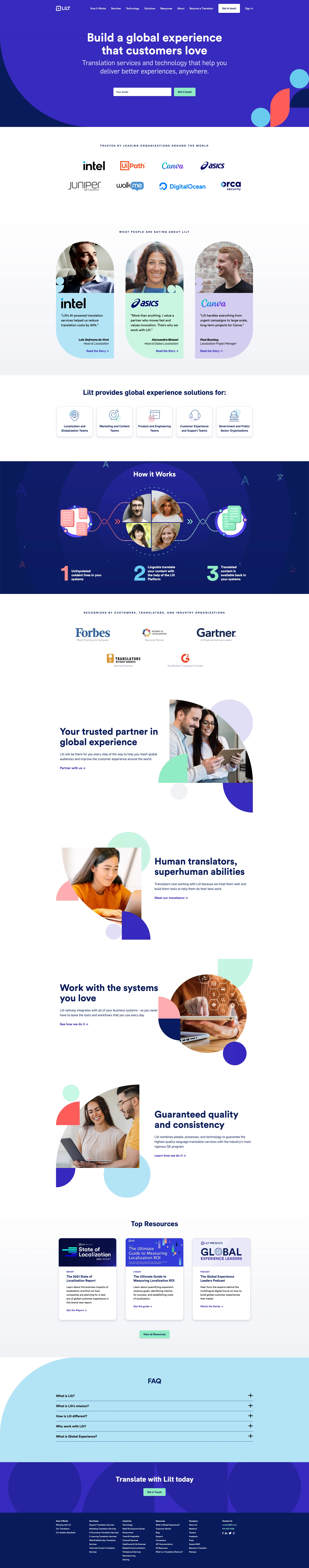 Lilt Landing Page Example: Build a global experience that customers love. Translation services and technology that help you deliver better experiences, anywhere.