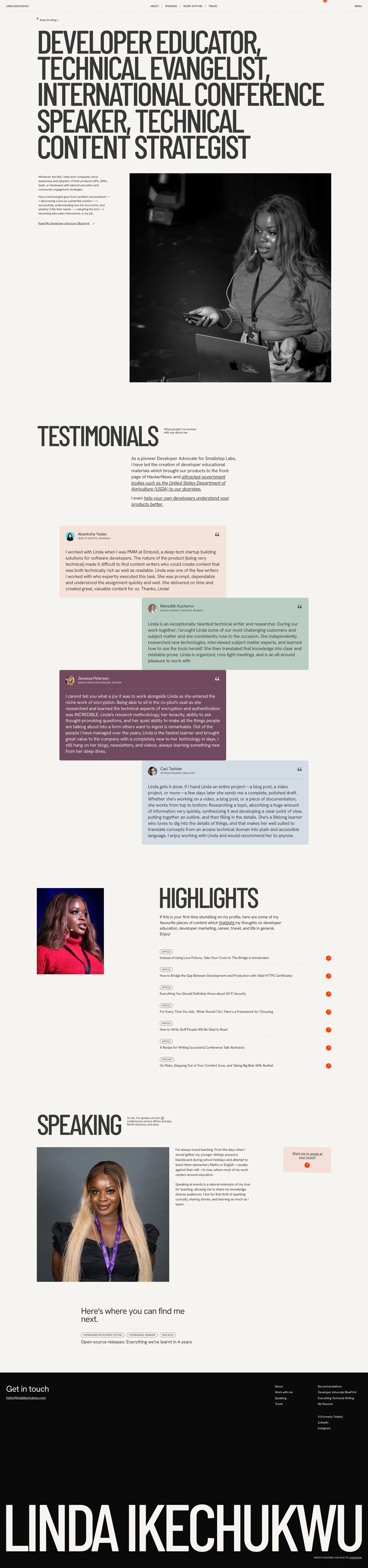 Linda Ikechukwu Landing Page Example: Linda Ikechukwu is a software engineer turned developer advocate, whose love for teaching is only rivaled by her quest to visit every country in the world.