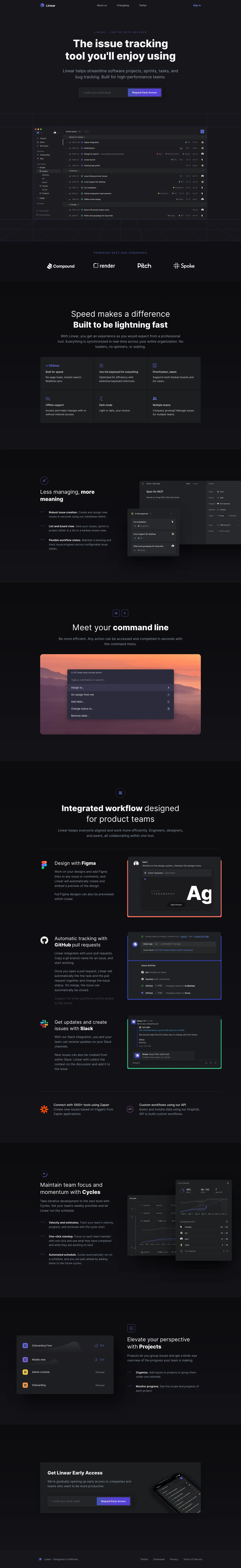 Linear Landing Page Example: Linear lets you manage software development and track bugs. Linear's streamlined design is built for speed and efficiency — helping high performing teams accomplish great things.