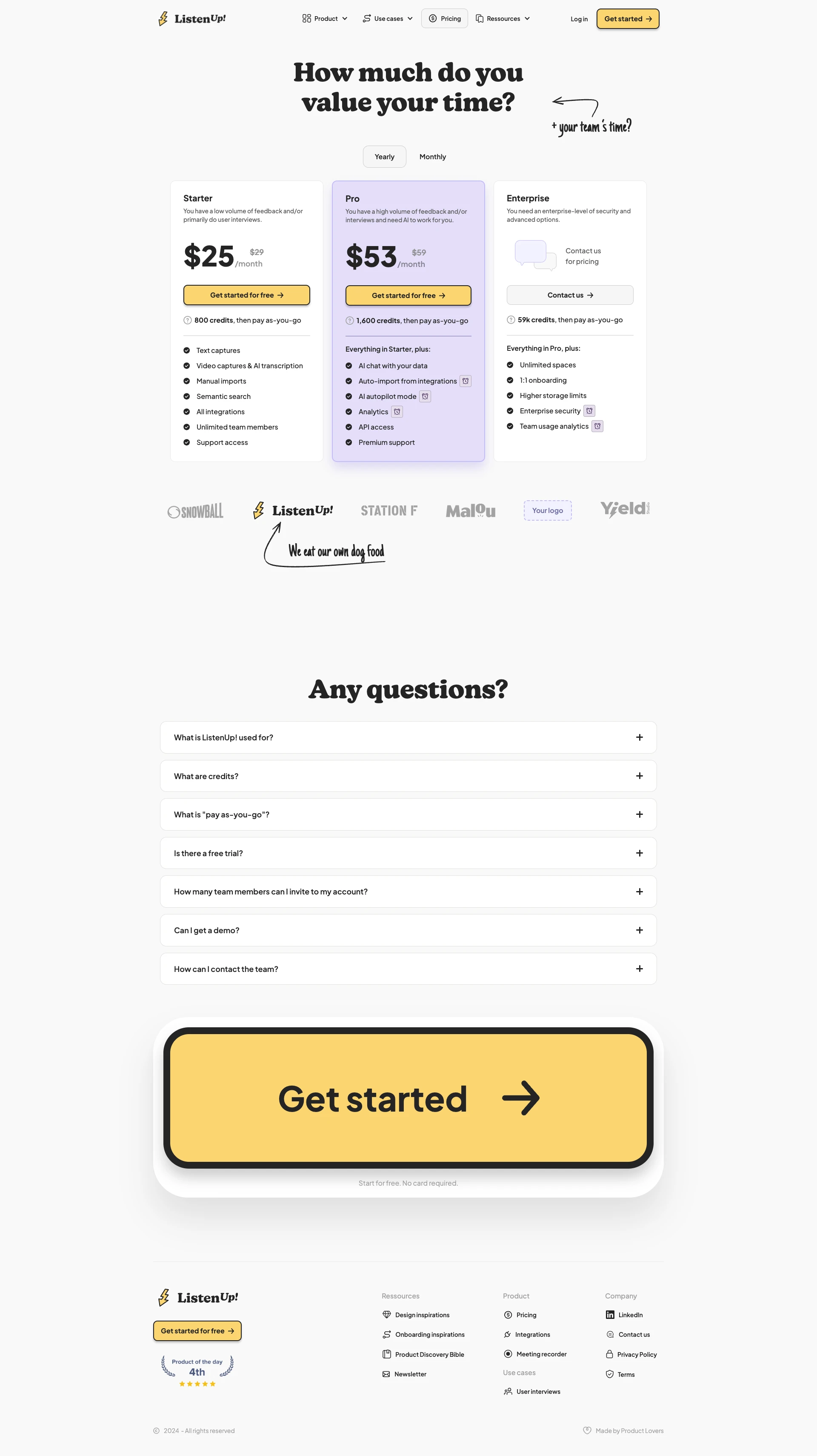 ListenUp! Landing Page Example: Spend more time shipping value, less low-added manual work. Centralize your user feedback automatically, identify patterns and push them to your delivery tool.