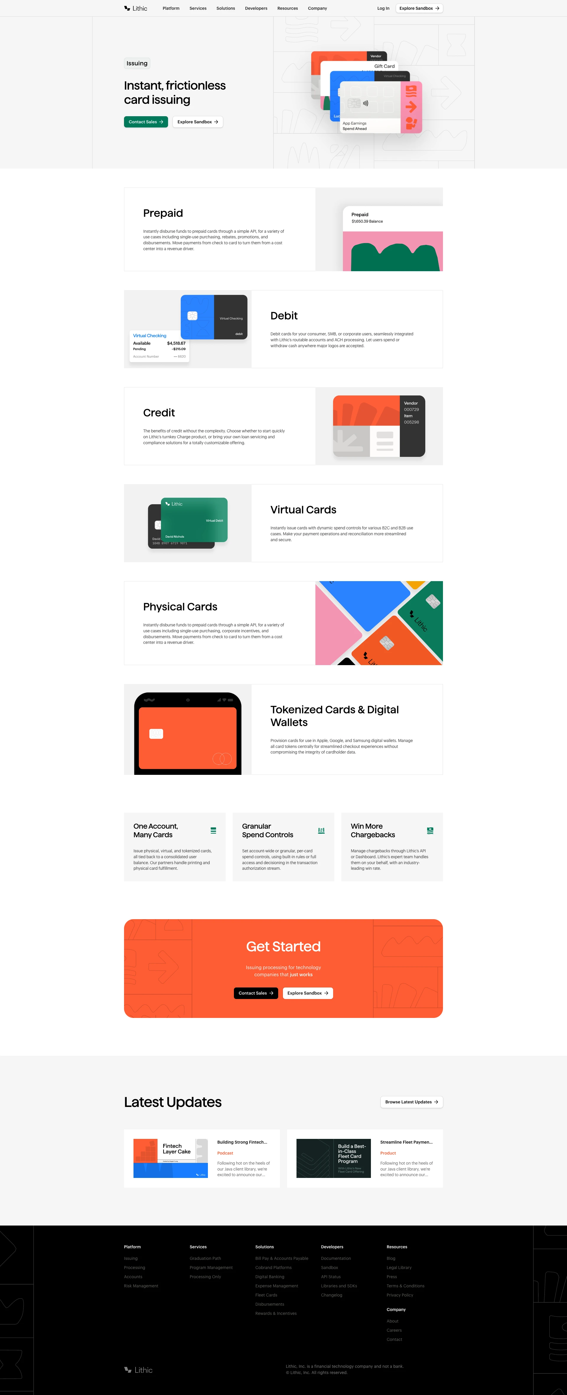 Lithic Landing Page Example: Lithic's card issuing platform, flexible API, and skilled team provide issuer processing services for customized debit, credit, and prepaid card programs.