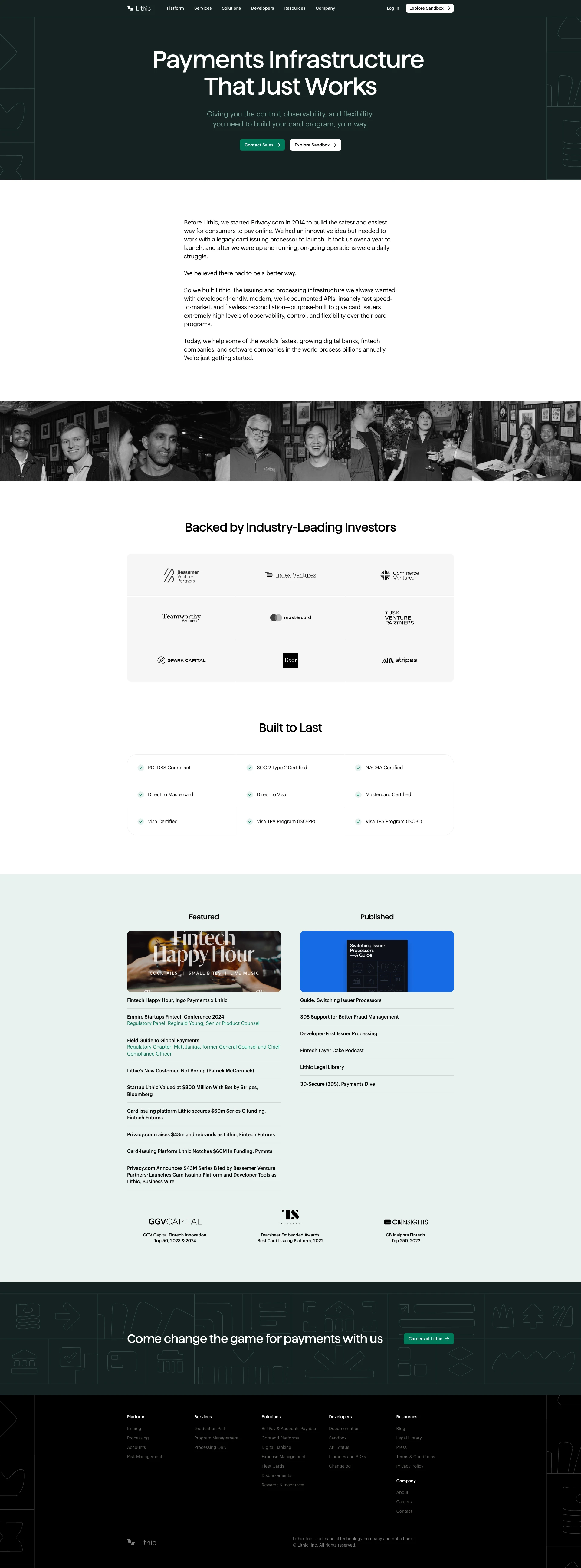Lithic Landing Page Example: Lithic's card issuing platform, flexible API, and skilled team provide issuer processing services for customized debit, credit, and prepaid card programs.