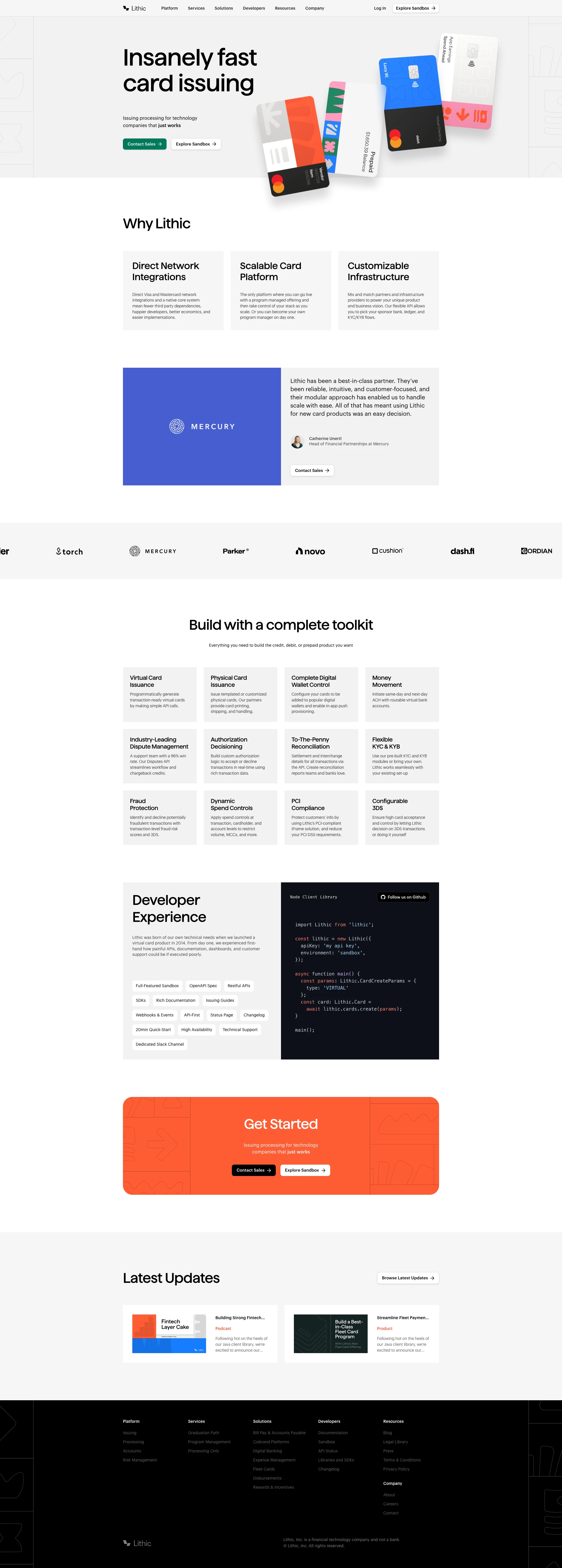 Lithic Landing Page Example: Lithic's card issuing platform, flexible API, and skilled team provide issuer processing services for customized debit, credit, and prepaid card programs.