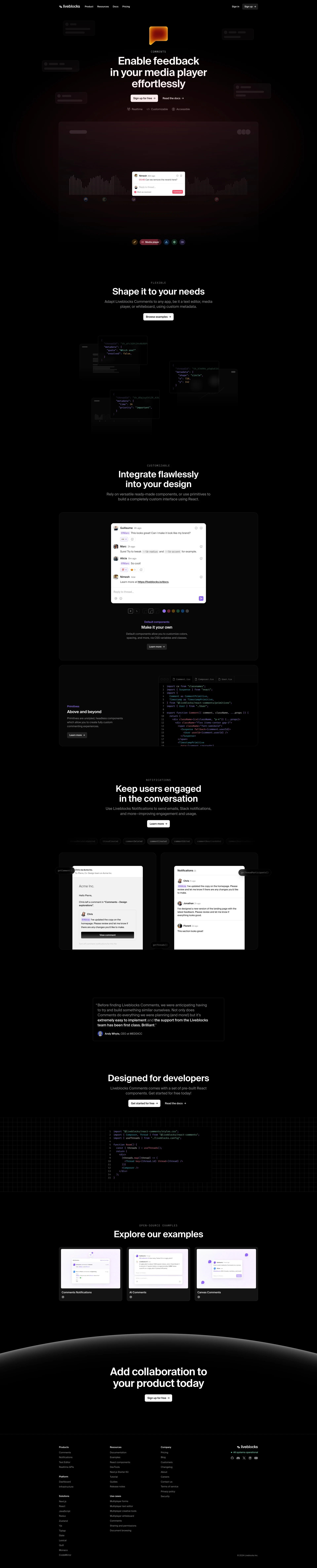 Liveblocks Landing Page Example: Unlock collaboration in your product. Ship features like comments, notifications, text editors in minutes instead of months. Engage users, fuel creativity, and drive growth with just a few lines of code.