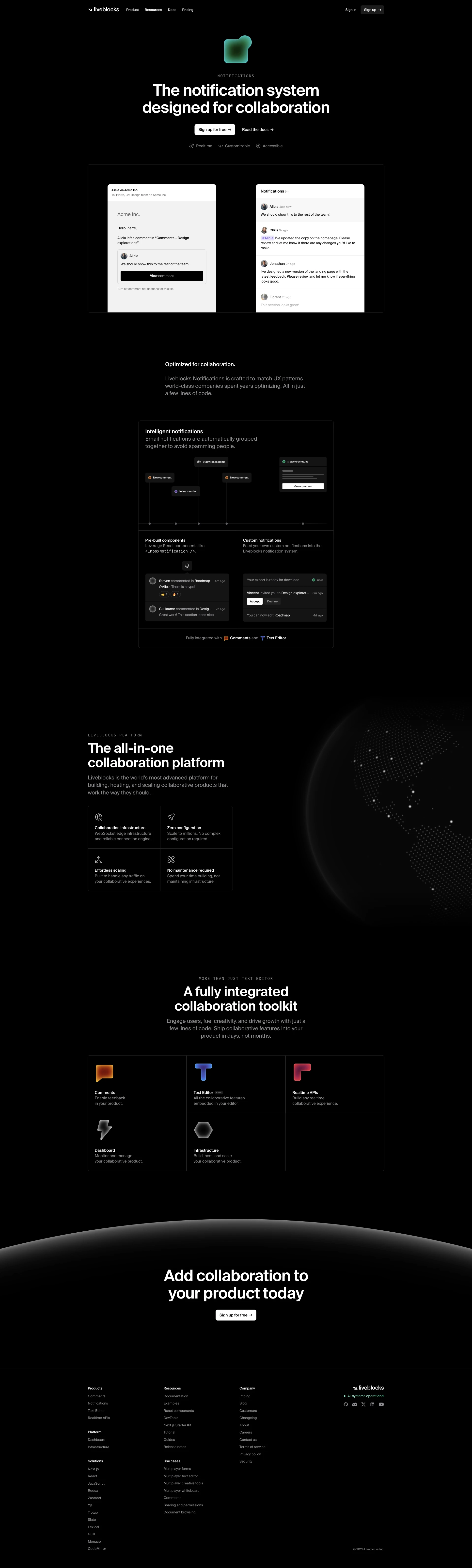 Liveblocks Landing Page Example: Unlock collaboration in your product. Ship features like comments, notifications, text editors in minutes instead of months. Engage users, fuel creativity, and drive growth with just a few lines of code.