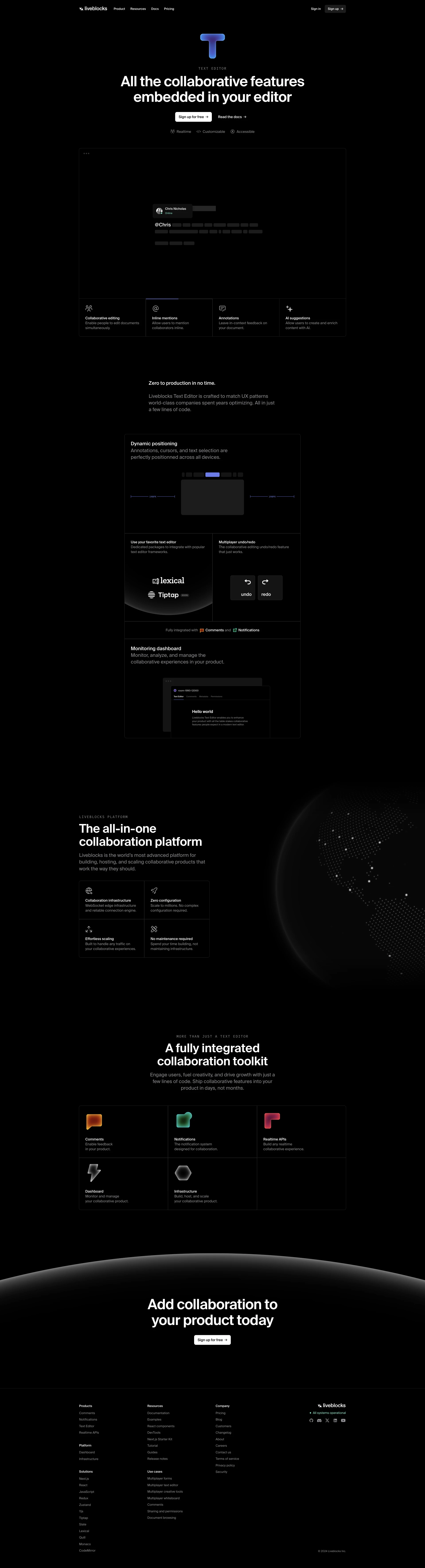Liveblocks Landing Page Example: Unlock collaboration in your product. Ship features like comments, notifications, text editors in minutes instead of months. Engage users, fuel creativity, and drive growth with just a few lines of code.
