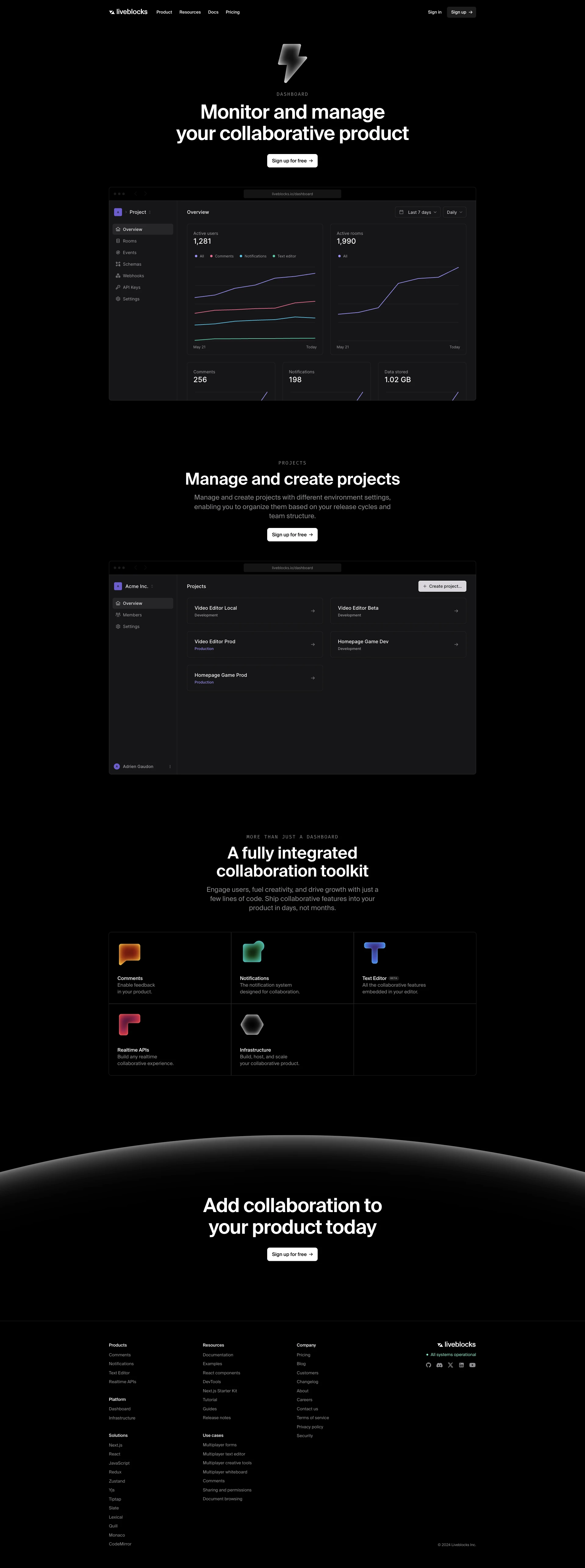 Liveblocks Landing Page Example: Unlock collaboration in your product. Ship features like comments, notifications, text editors in minutes instead of months. Engage users, fuel creativity, and drive growth with just a few lines of code.