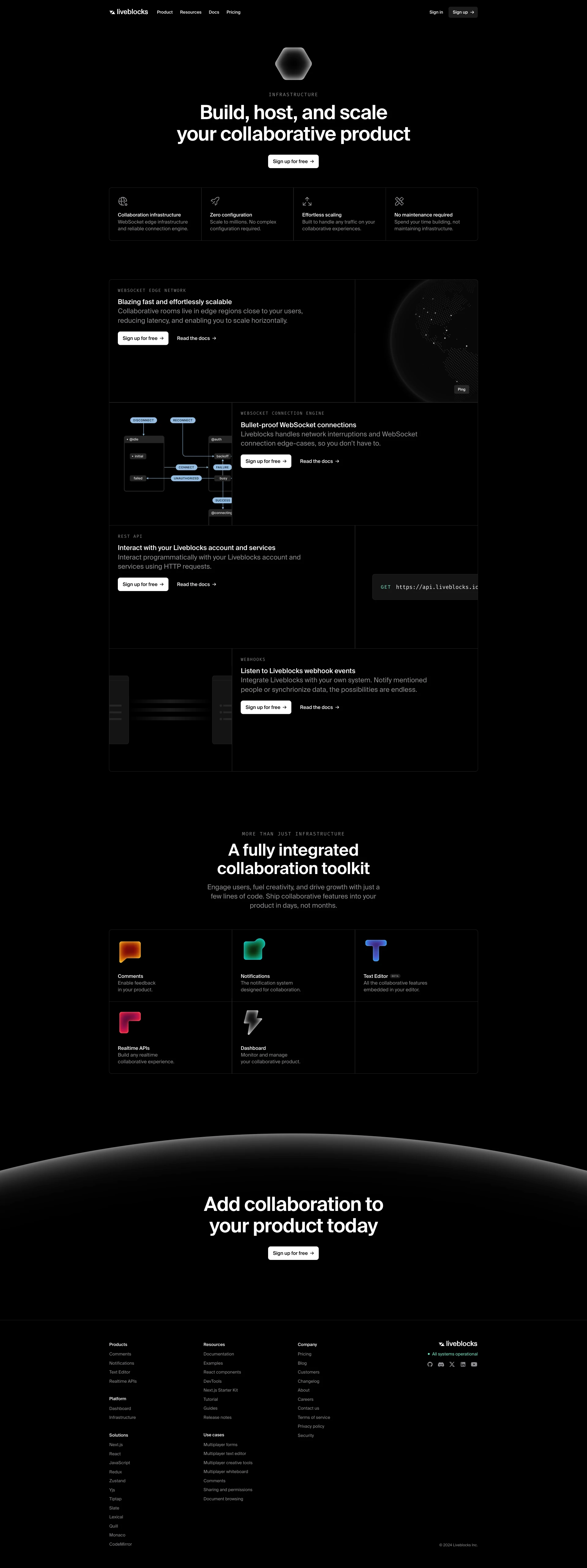 Liveblocks Landing Page Example: Unlock collaboration in your product. Ship features like comments, notifications, text editors in minutes instead of months. Engage users, fuel creativity, and drive growth with just a few lines of code.