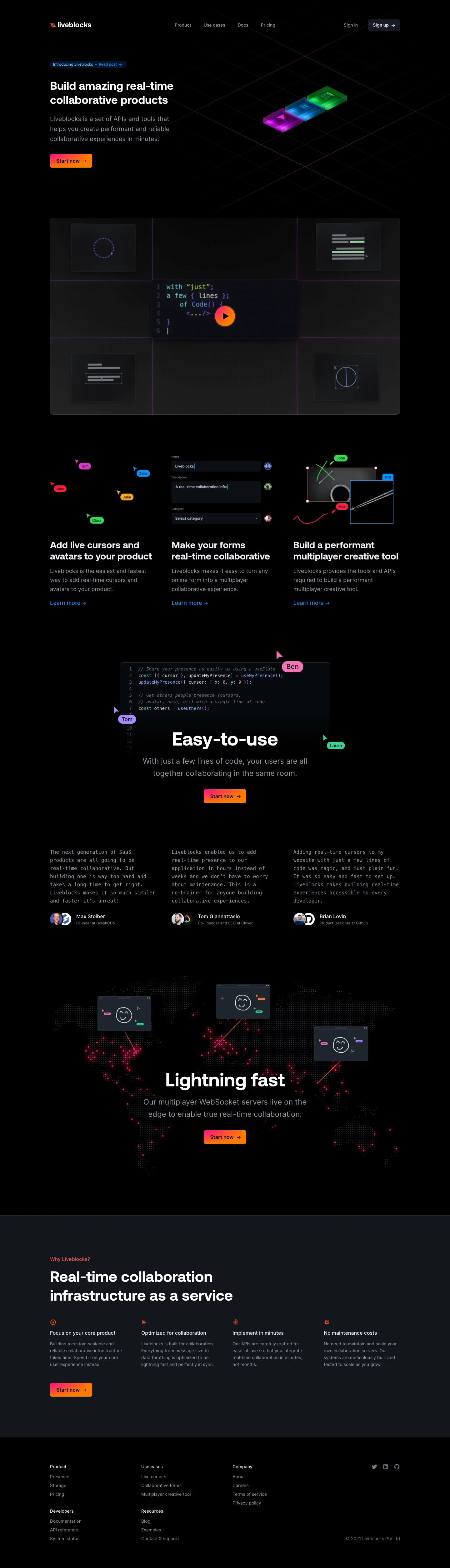 Liveblocks Landing Page Example: Build amazing real‑time collaborative products. Liveblocks is a set of APIs and tools that helps you create performant and reliable collaborative experiences in minutes.