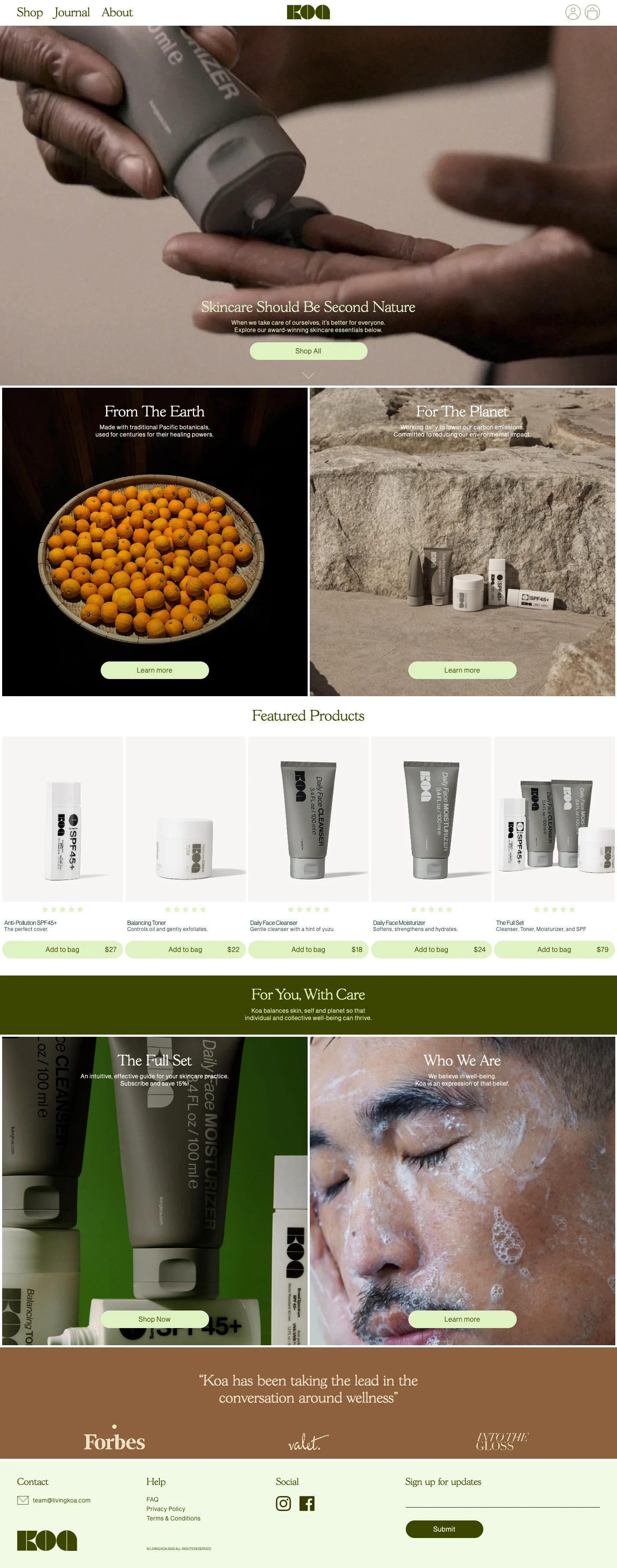Koa Landing Page Example: Skincare essentials to help you look good and live better. Our products are thoughtfully formulated, easy to use, and built with the planet in mind.⁠