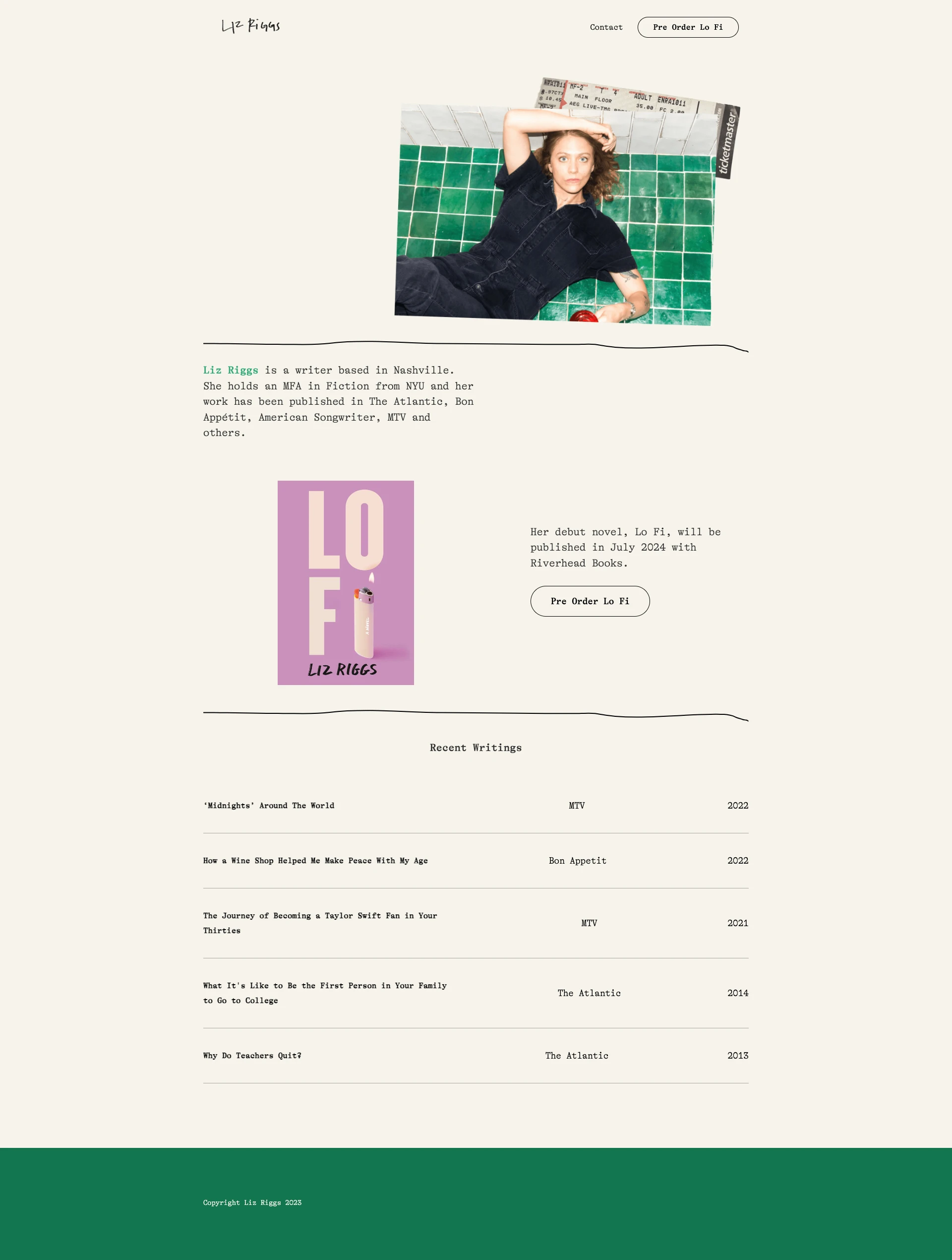 Liz Riggs Landing Page Example: Liz Riggs is a writer based in Nashville. She holds an MFA in Fiction from NYU and her work has been published in The Atlantic, Bon Appétit, American Songwriter, MTV and others.