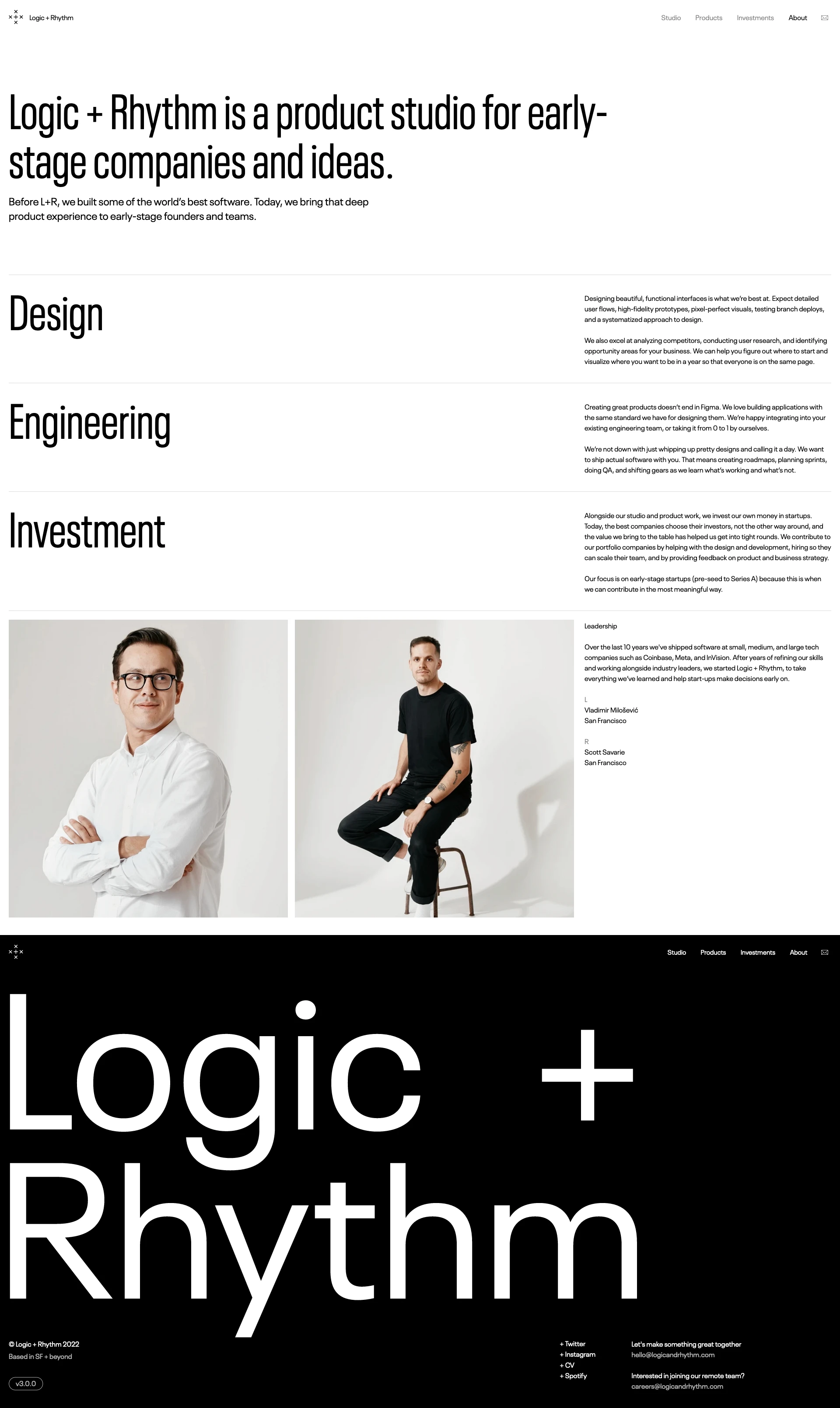 Logic + Rhythm Landing Page Example: We make early-stage products with exceptional companies through design, engineering, and investment.