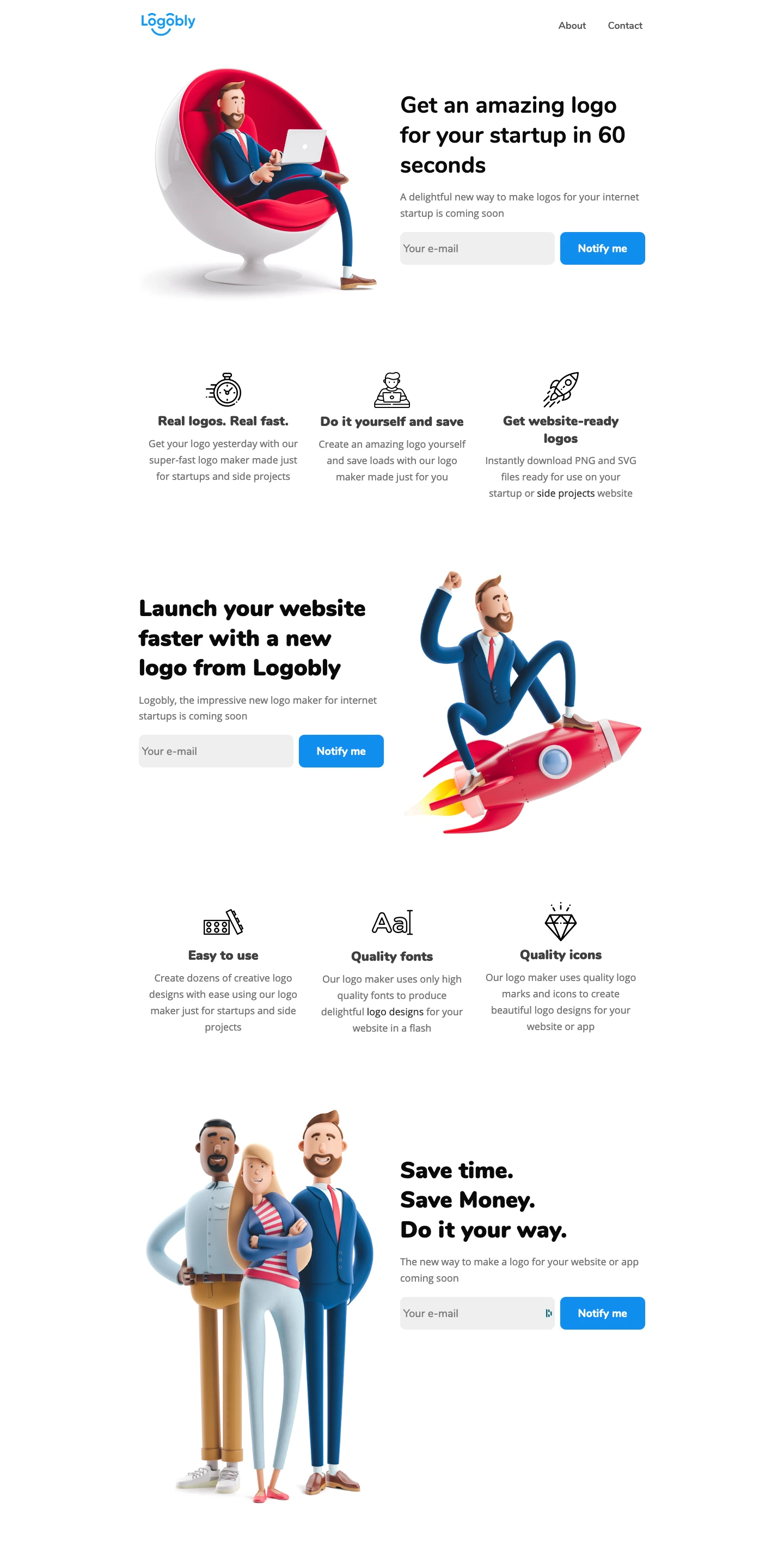 Logobly Landing Page Example: Get an amazing logo for your startup in 60 seconds. A delightful new way to make logos for your internet startup is coming soon.