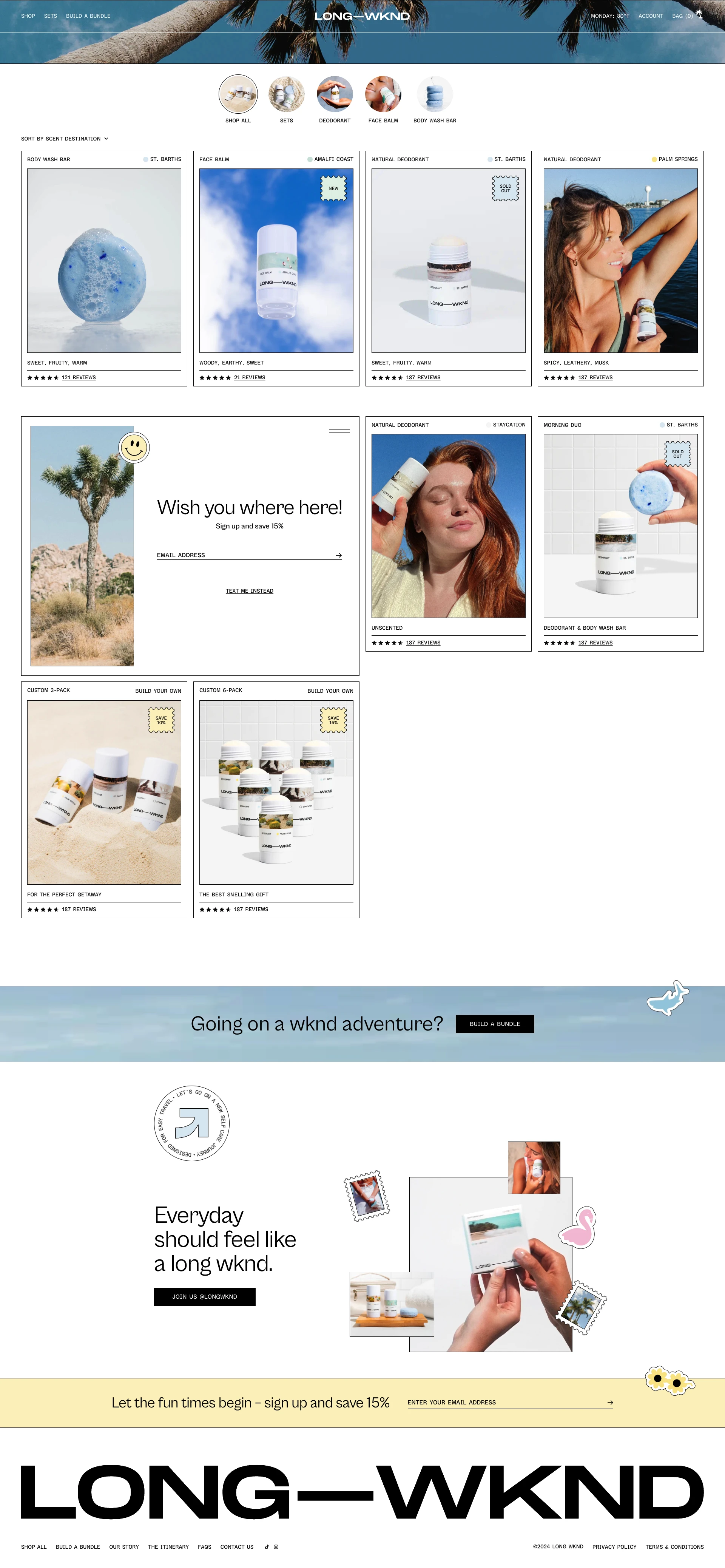 Long Wknd Landing Page Example: Body care designed to travel with. Nourish & revitalize your skinat home or while on the go.