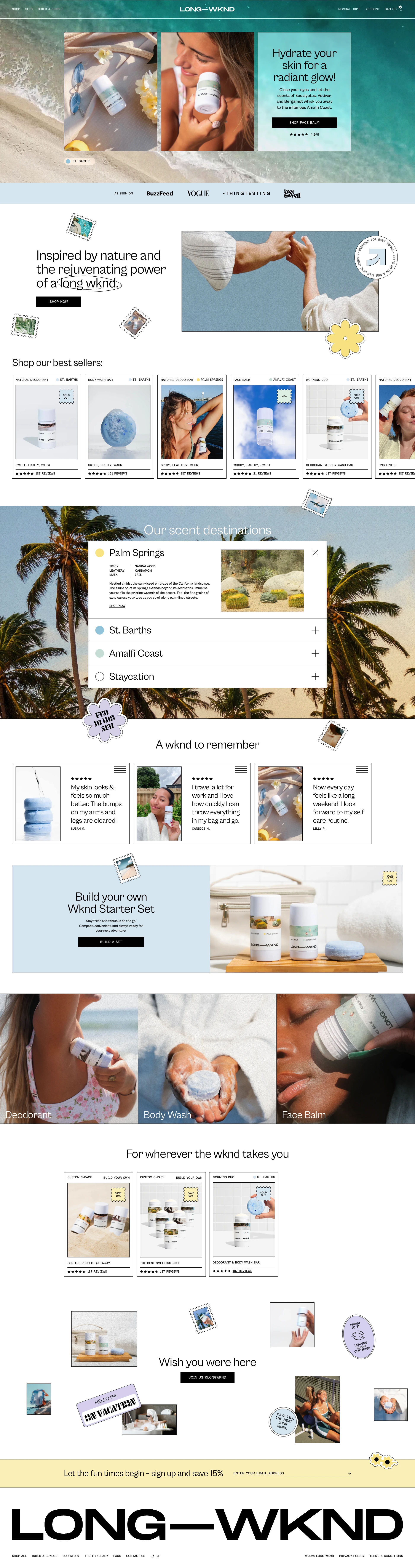 Long Wknd Landing Page Example: Body care designed to travel with. Nourish & revitalize your skinat home or while on the go.