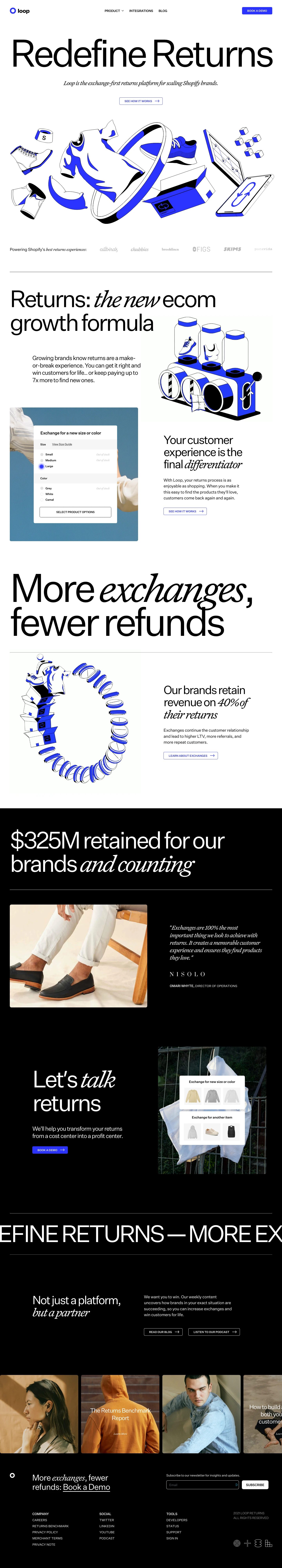 Loop Returns Landing Page Example: The returns app for Shopify's top brands. Loop improves retention by encouraging your customers to exchange rather than requesting a refund