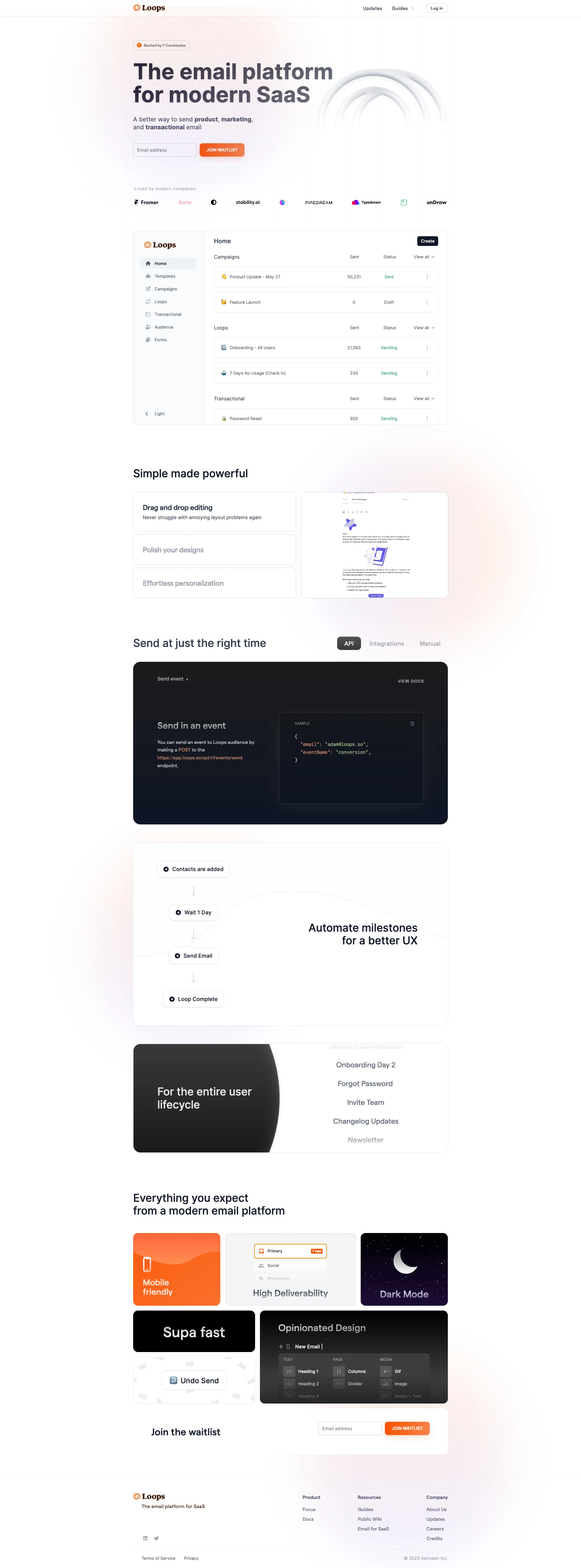 Loops Landing Page Example: Loops makes email marketing for modern SaaS companies easy. It's the best way to create, send and track beautiful email campaigns.