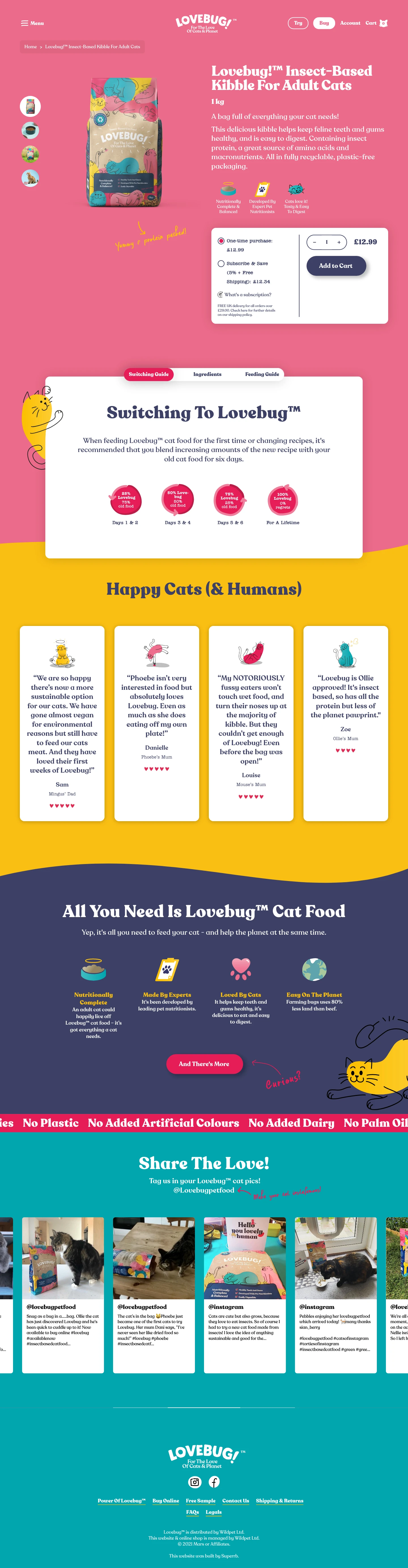 Lovebug Pet Food Landing Page Example: Lovebug is nutritionally complete and balanced cat food that helps you love your cat and your planet at the same time. It’s insect-based and cats love it.