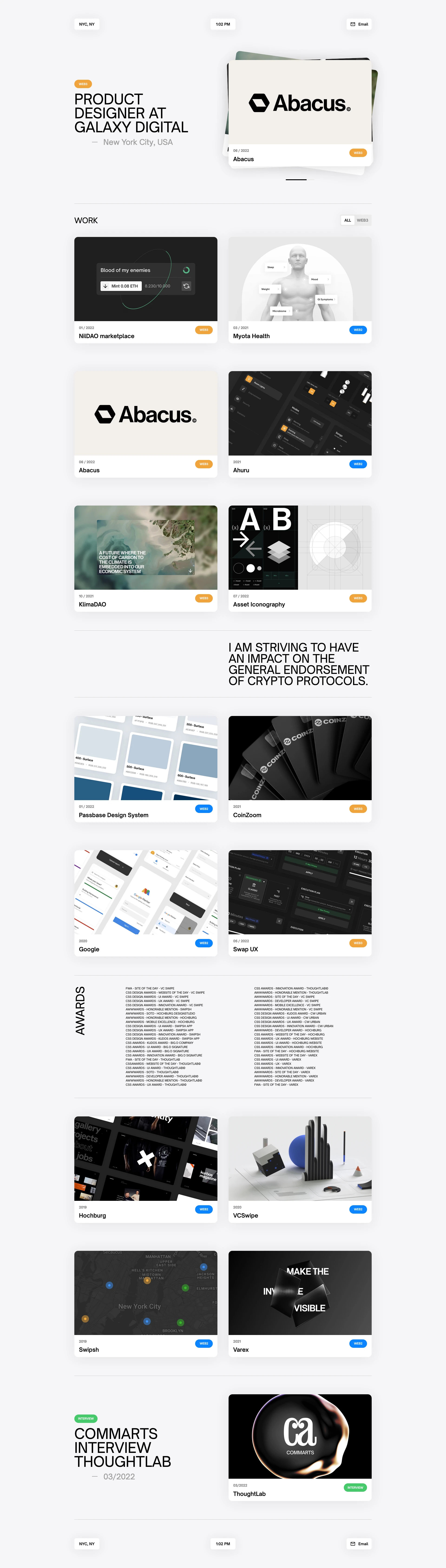 Lukas Kmoth Landing Page Example: Web3 Product Designer at Galaxy Digital. Specialized in crypto protocol design and design systems.