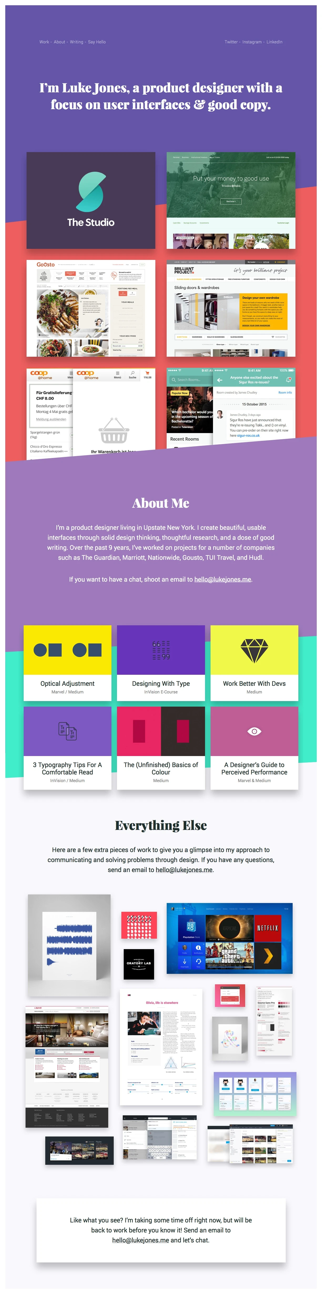 Luke Jones Landing Page Example: I’m Luke Jones, a product designer with a focus on user interfaces & good copy.