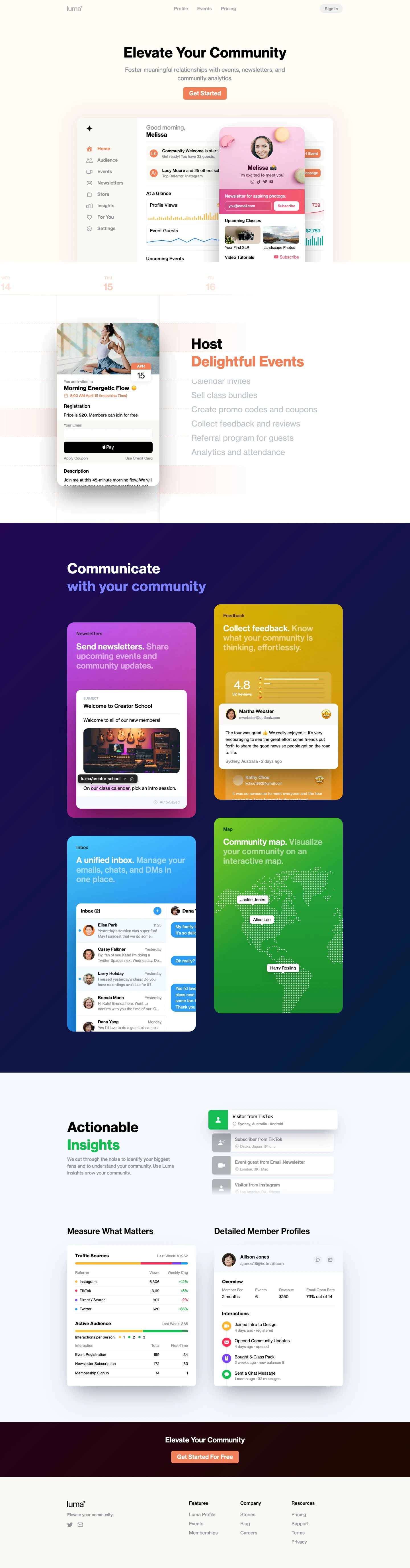 Luma Landing Page Example: Elevate your community. Foster meaningful relationships with events, newsletters, and community analytics.