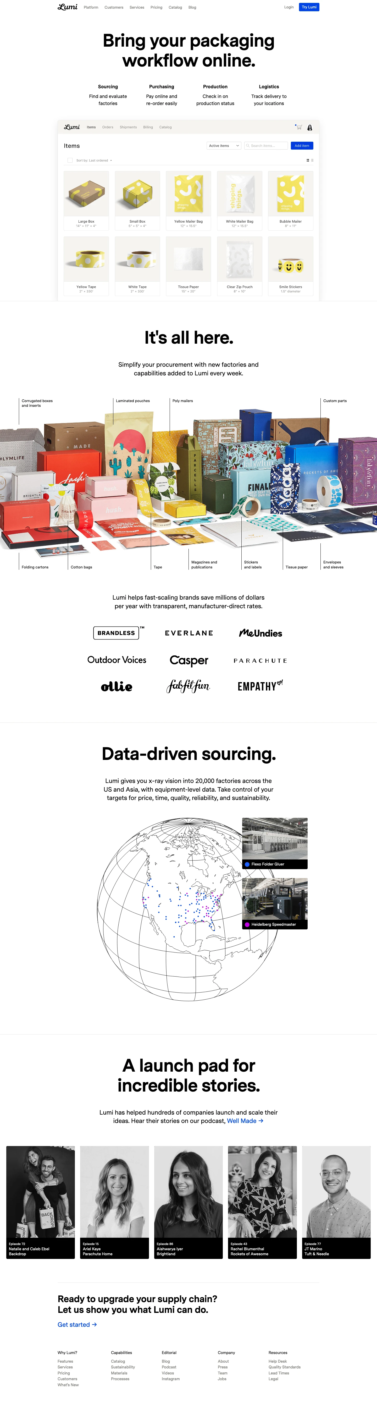 Lumi Landing Page Example: The end-to-end platform for your packaging supply chain. Lumi helps fast-scaling brands save millions of dollars per year with transparent, manufacturer-direct rates.