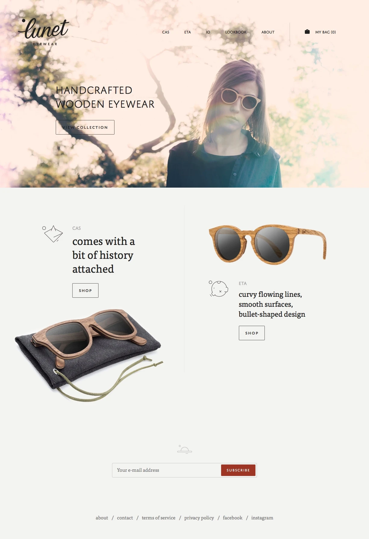 Lunet Eyewear Landing Page Example: The thin four layered, laser cut, hand polished, cookie scented line between you and the rest of the world.