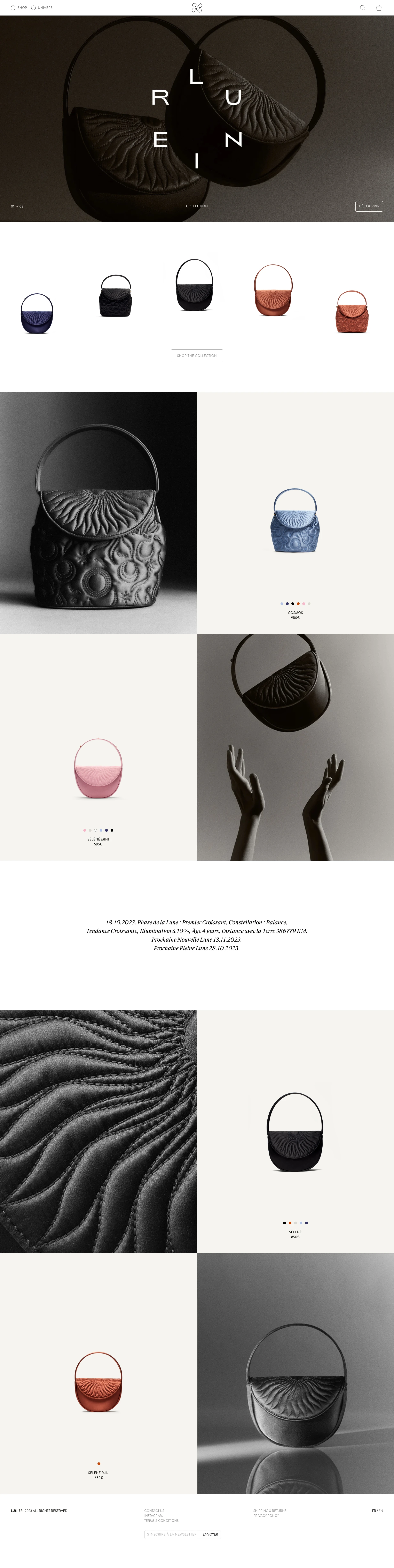 Lunier Landing Page Example: Inspired by the gentle power of the Moon, and the beauty and harmony reflected in the Universe, Lunier was born from a desire for meaningful, mindful luxury.