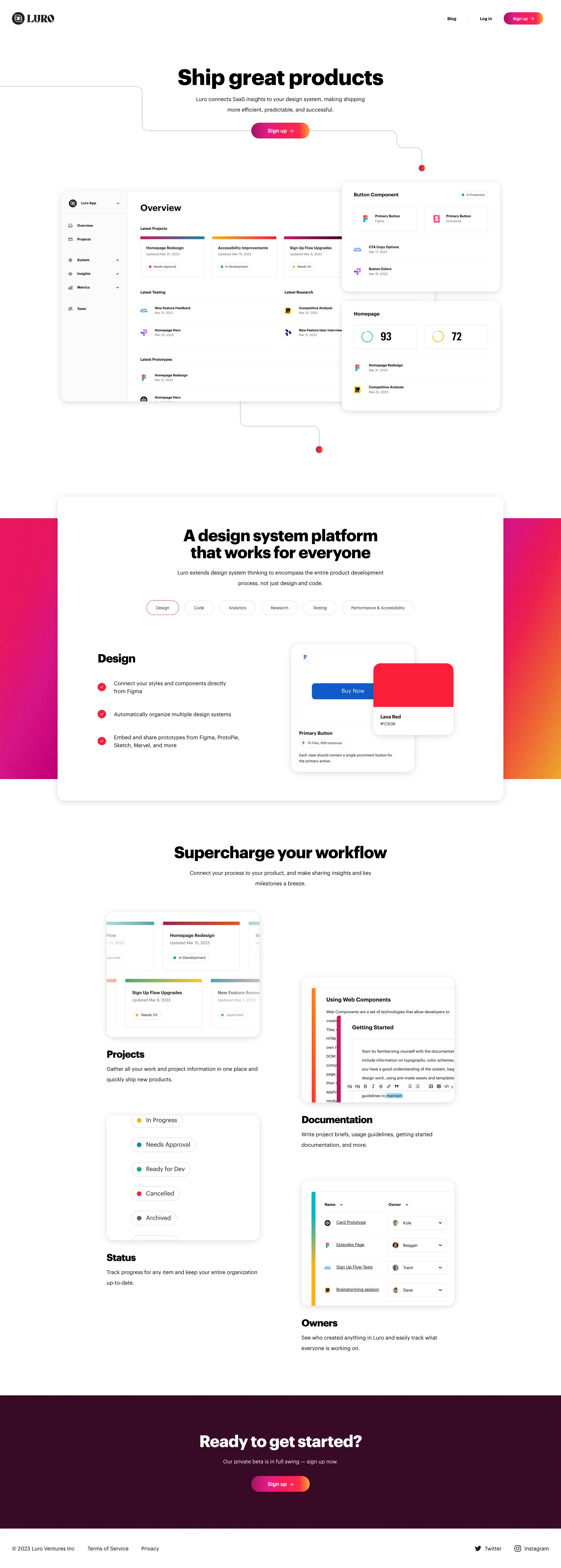 Luro Landing Page Example: Luro connects SaaS insights to your design system, making shipping more efficient, predictable, and successful.