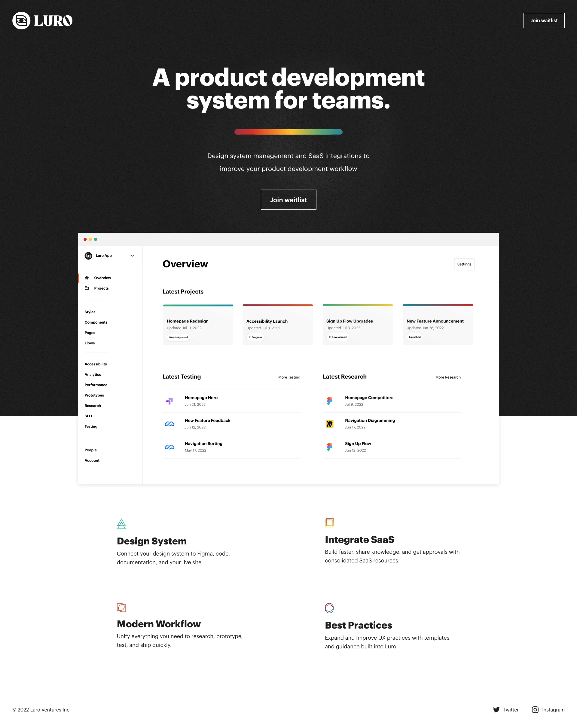 Luro Landing Page Example: Design system management and SaaS integrations to improve your product development workflow.