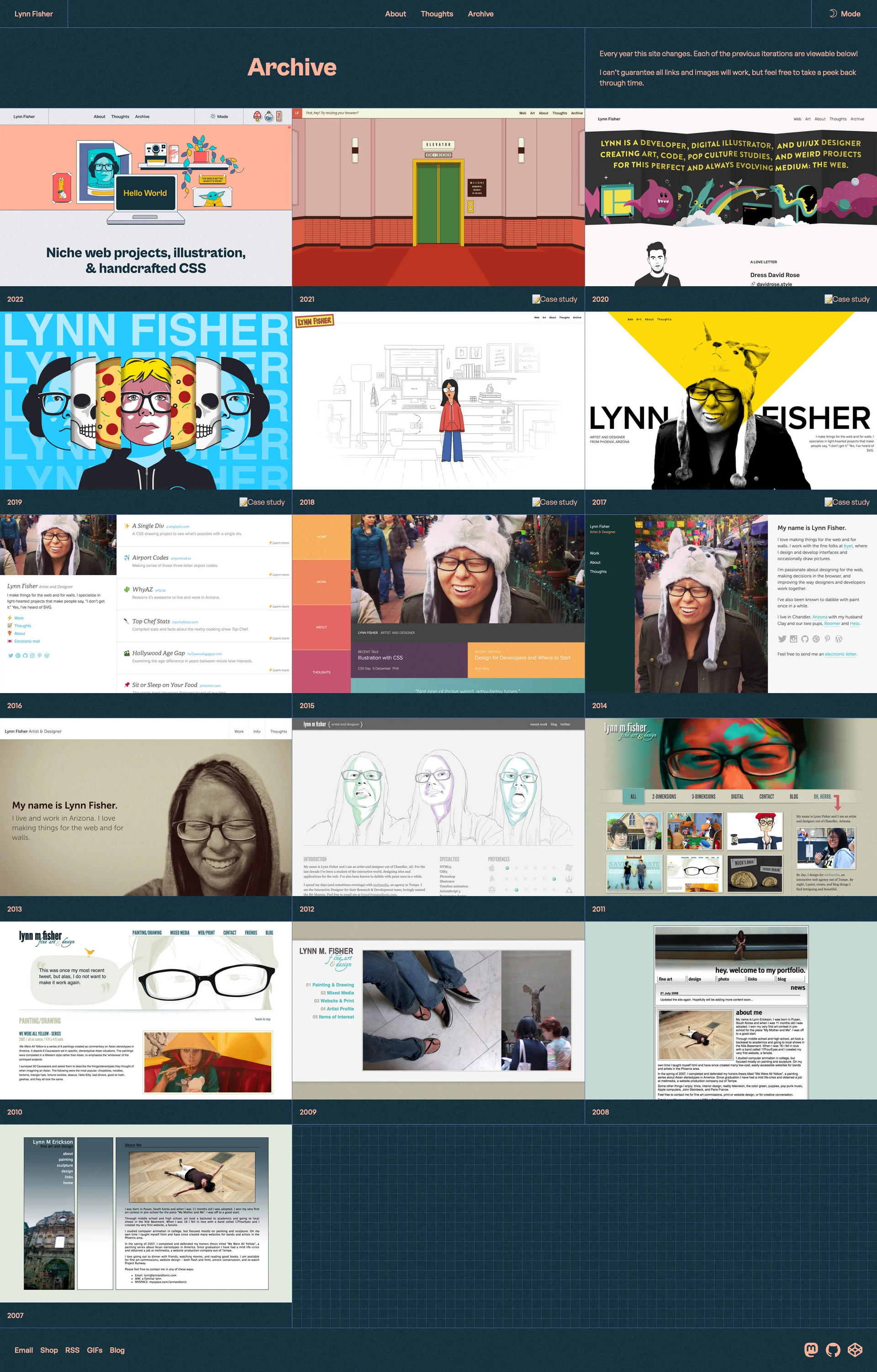 Lynn Fisher Landing Page Example: Hey! I’m Lynn and I’m a designer, CSS developer, and illustrator. I love working on the web and making sure it continues to be a place for everyone and our creative, personal, and weird passions.