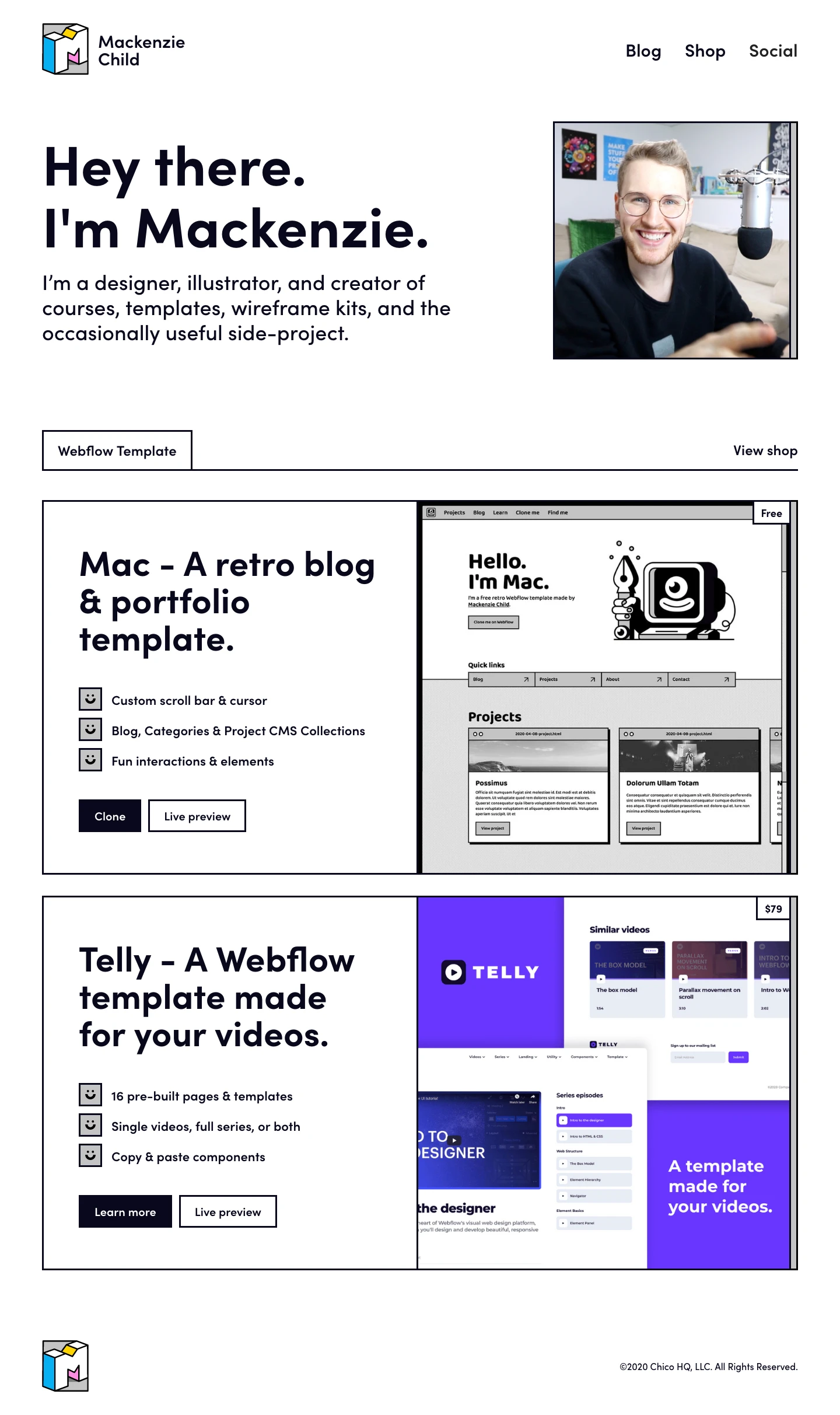 Mackenzie Child Landing Page Example: I’m a designer, illustrator, and creator of courses, templates, wireframe kits, and the occasionally useful side-project.