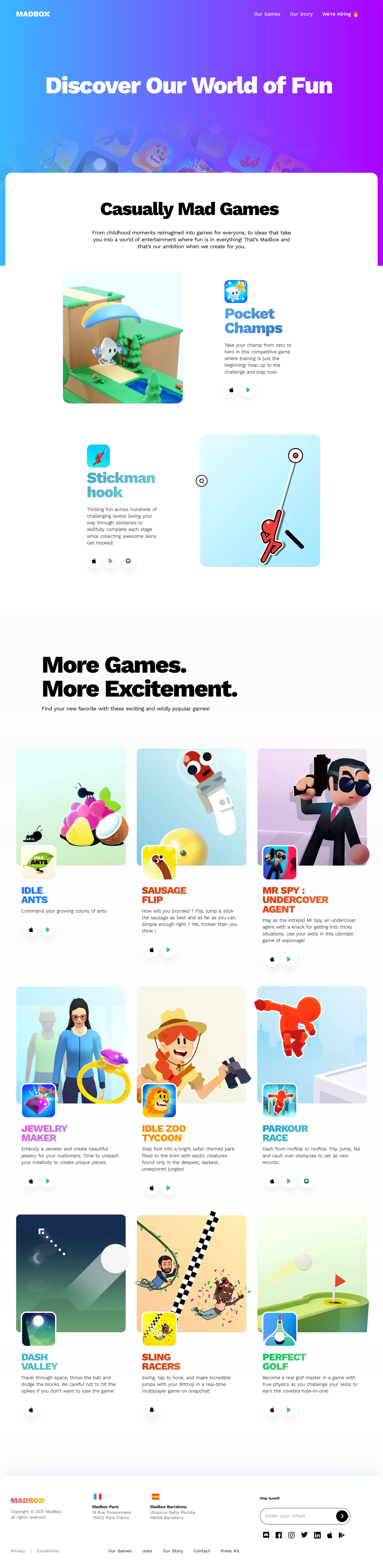 Madbox Landing Page Example: We are game makers who create experience for millions of players