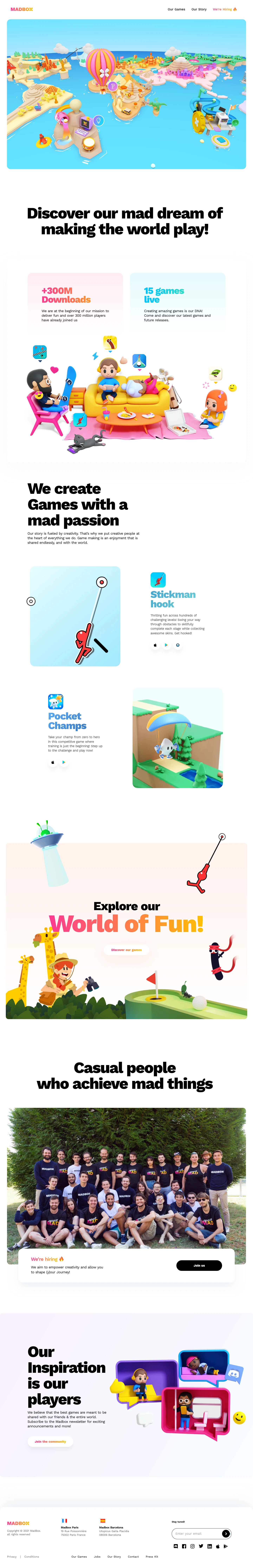 Madbox Landing Page Example: We are game makers who create experience for millions of players