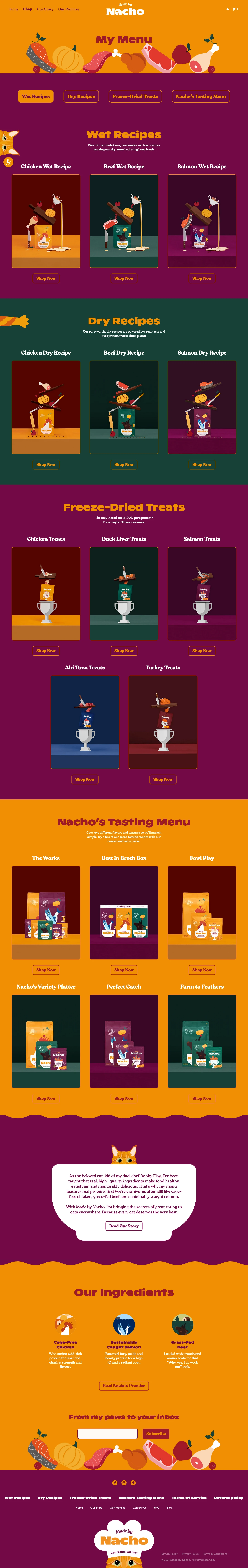 Made by Nacho Landing Page Example: Made by Nacho is Crafted in the USA. Using the finest globally sourced ingredients. We promise that every one of our recipes delivers great taste and total cat-specific nutrition.