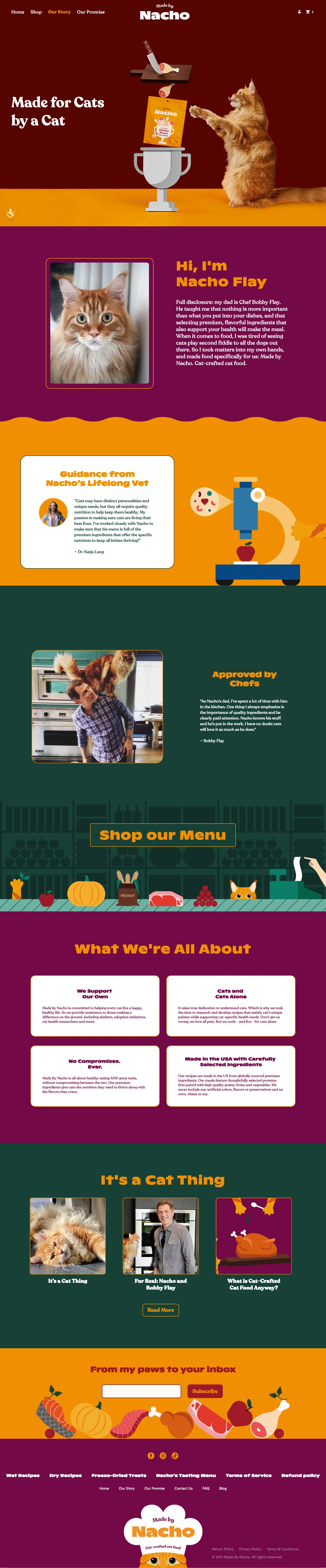 Made by Nacho Landing Page Example: Made by Nacho is Crafted in the USA. Using the finest globally sourced ingredients. We promise that every one of our recipes delivers great taste and total cat-specific nutrition.