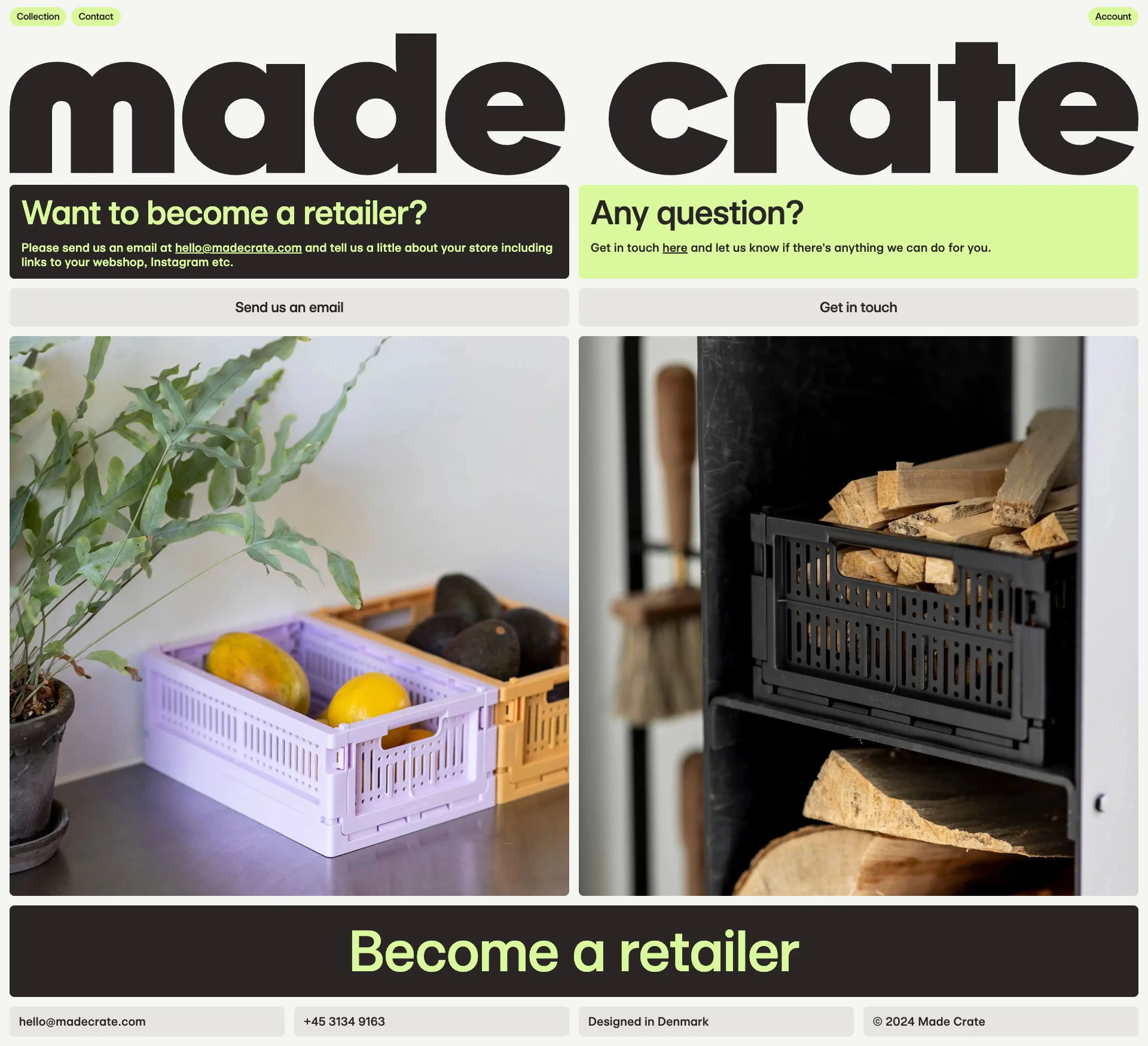 Made Crate Landing Page Example: Discover eco-friendly convenience with Made Crate – folding crates made from 100% recycled plastic waste. Proudly produced in Europe, stackable across different sizes & available in a great variety of delicious colours