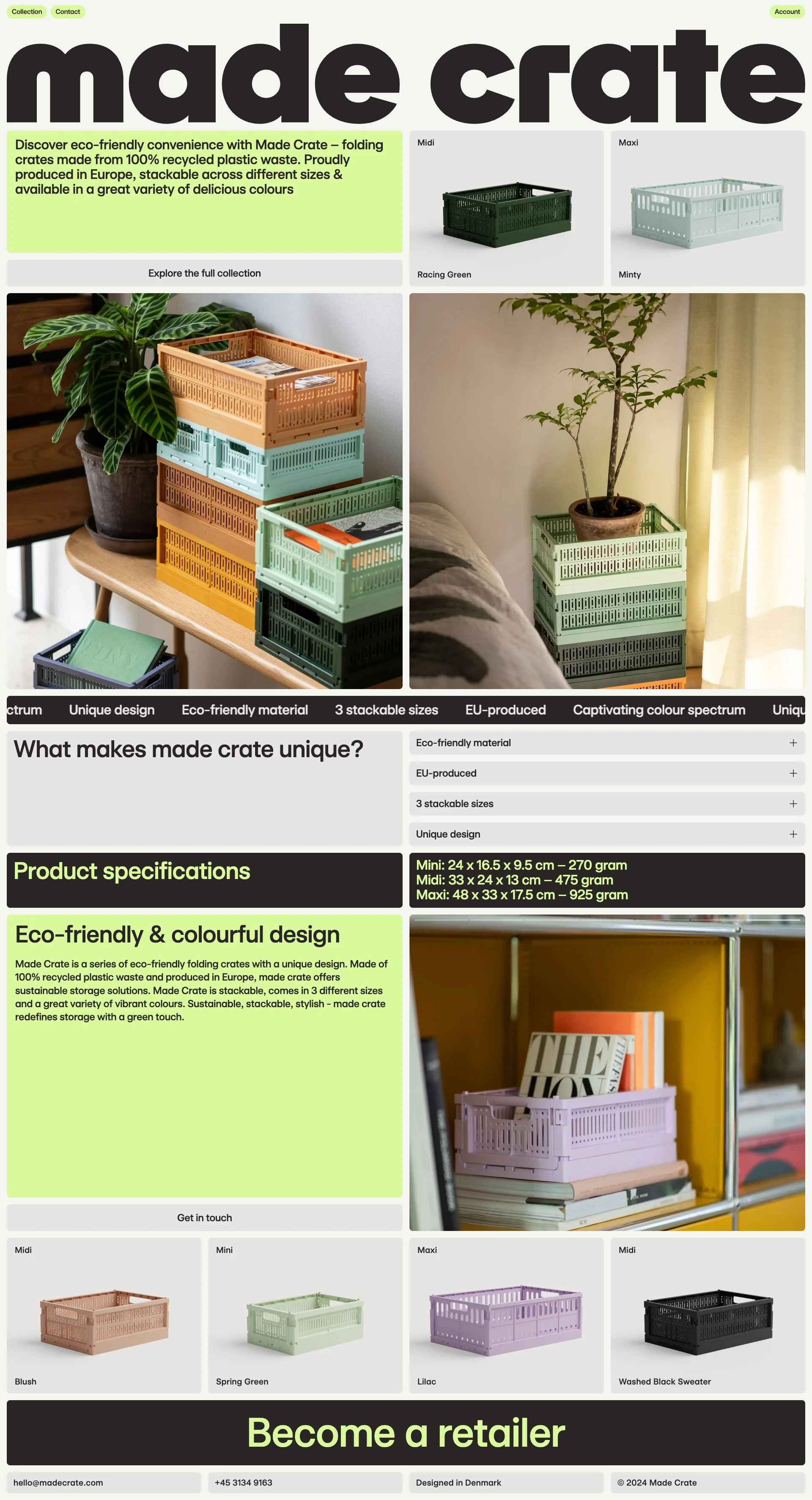 Made Crate Landing Page Example: Discover eco-friendly convenience with Made Crate – folding crates made from 100% recycled plastic waste. Proudly produced in Europe, stackable across different sizes & available in a great variety of delicious colours