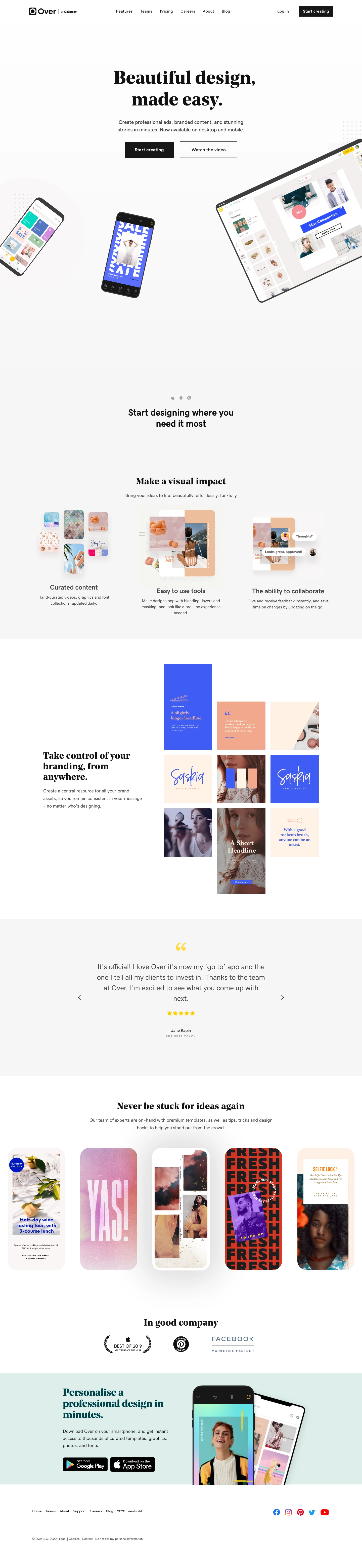 Over Landing Page Example: Beautiful design, made easy. Create professional ads, branded content, and stunning stories in minutes. Now available on desktop and mobile.