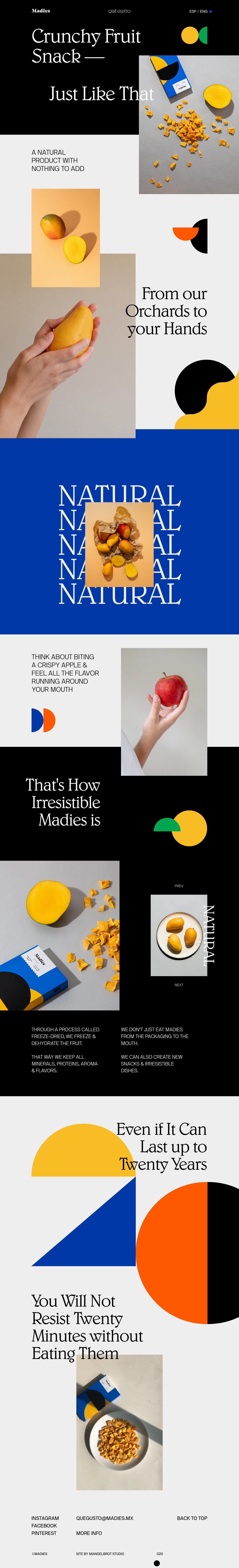 Madies Landing Page Example: Crunchy Fruit Snack — Just Like That. A natural product with nothing to add. From our Orchards to your Hands.