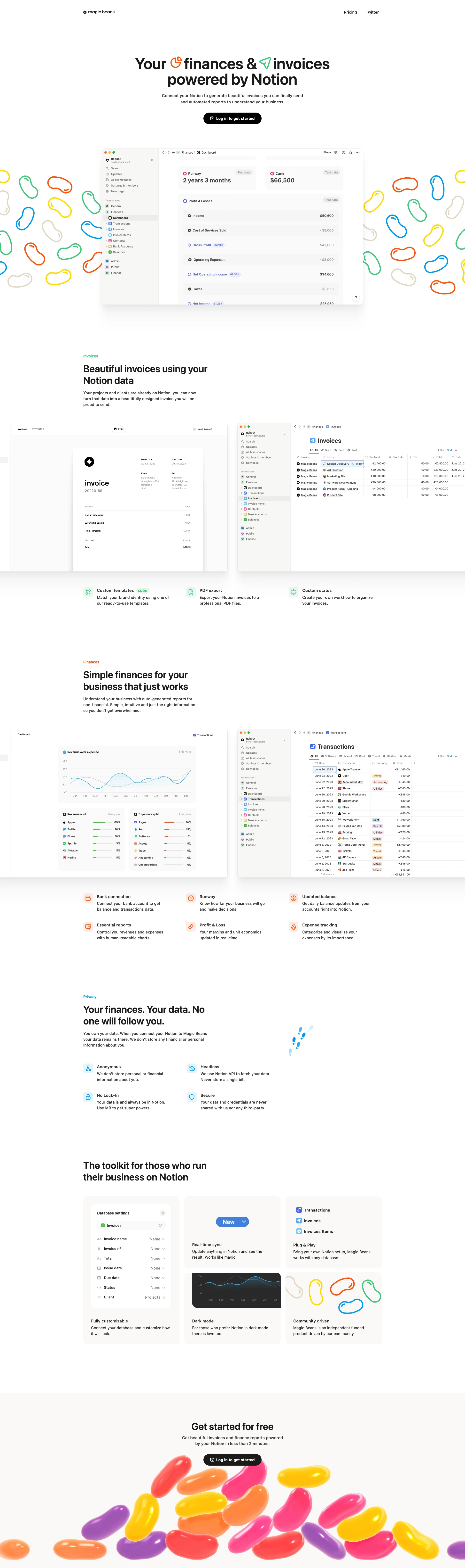 Magic Beans Landing Page Example: Create invoices, track expenses and get complete financial reports of your business powered by Notion.