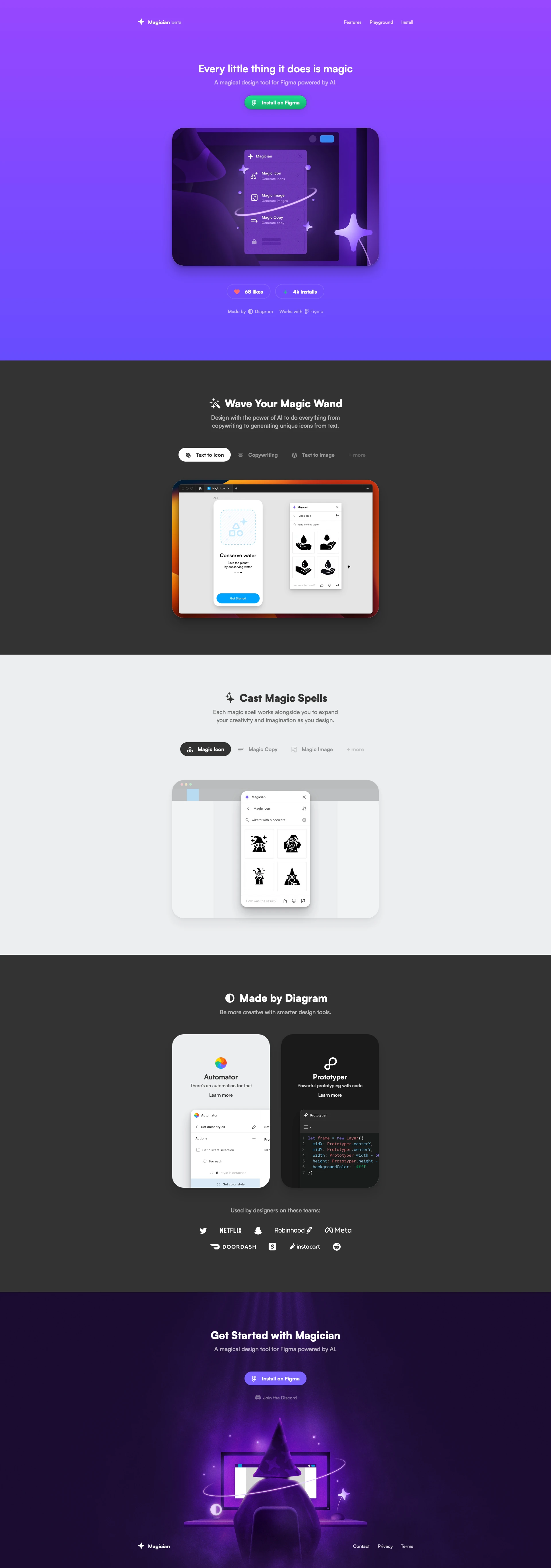 Magician for Figma Landing Page Example: A magical design tool for Figma powered by AI.