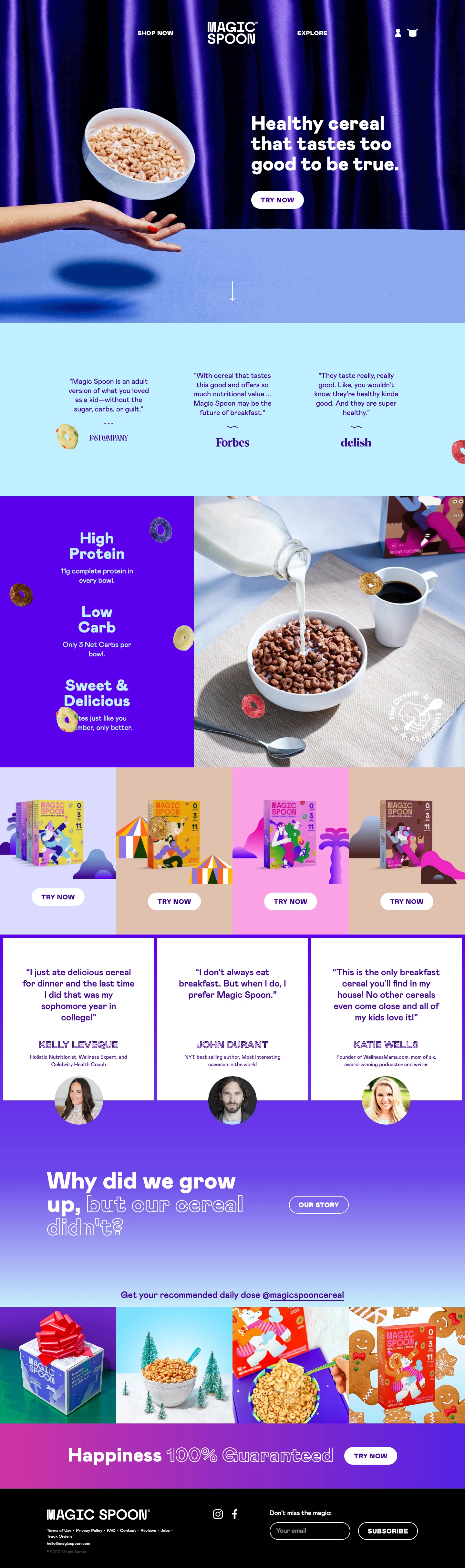Magic Spoon Landing Page Example: Magic Spoon cereal is high-protein, low-sugar, keto-friendly, and gluten-free. Available in Cocoa, Frosted, Fruity, Blueberry, Peanut Butter, and Cinnamon.