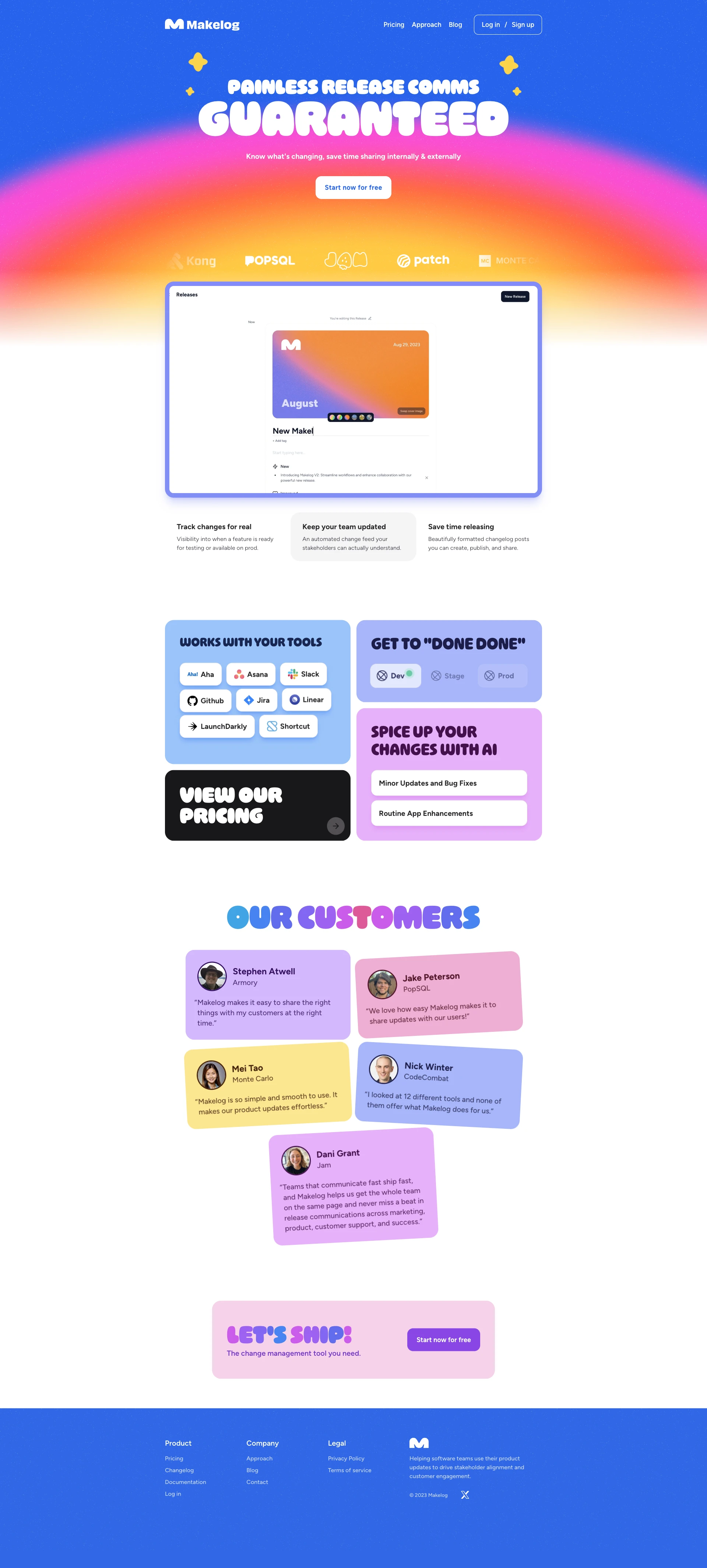 Makelog Landing Page Example: The continuous communication platform for fast-shipping software teams to share what they ship. Streamline updates from where the work originates, like GitHub, Jira, or Linear.