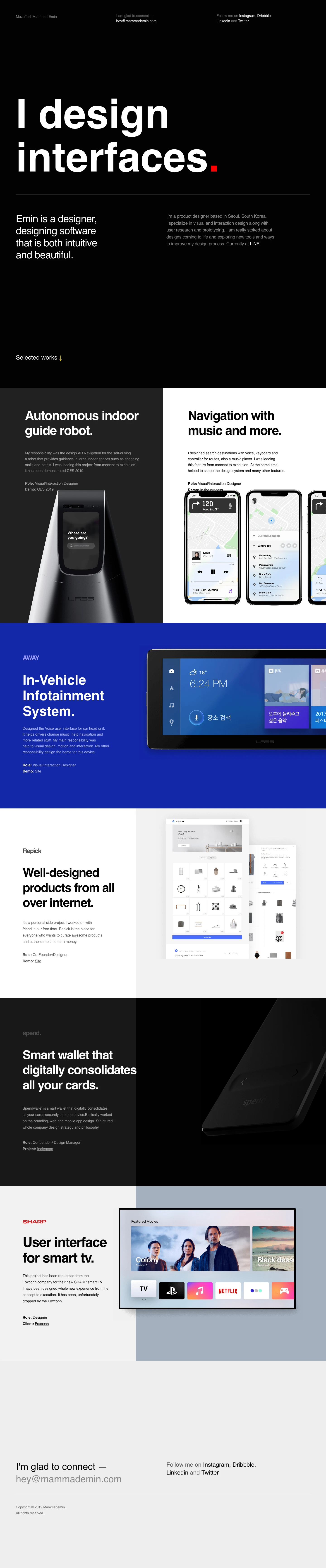 Mammad Emin Landing Page Example: I’m Emin, specialize in visual and interaction design along with user research and prototyping.